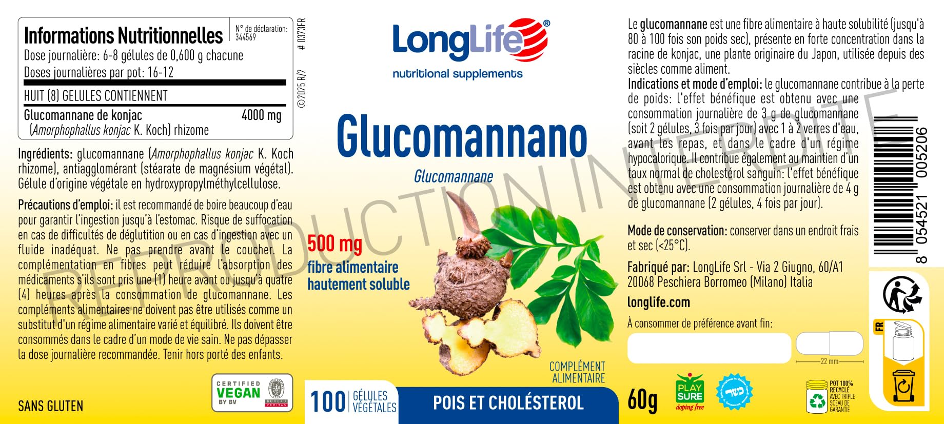 LongLife® Glucomannano | minimum 3000 mg par dose quotidienne | Contrôle du poids et satiété | Fibre alimentaire naturelle | 100 gélules végétales | Végan et sans gluten