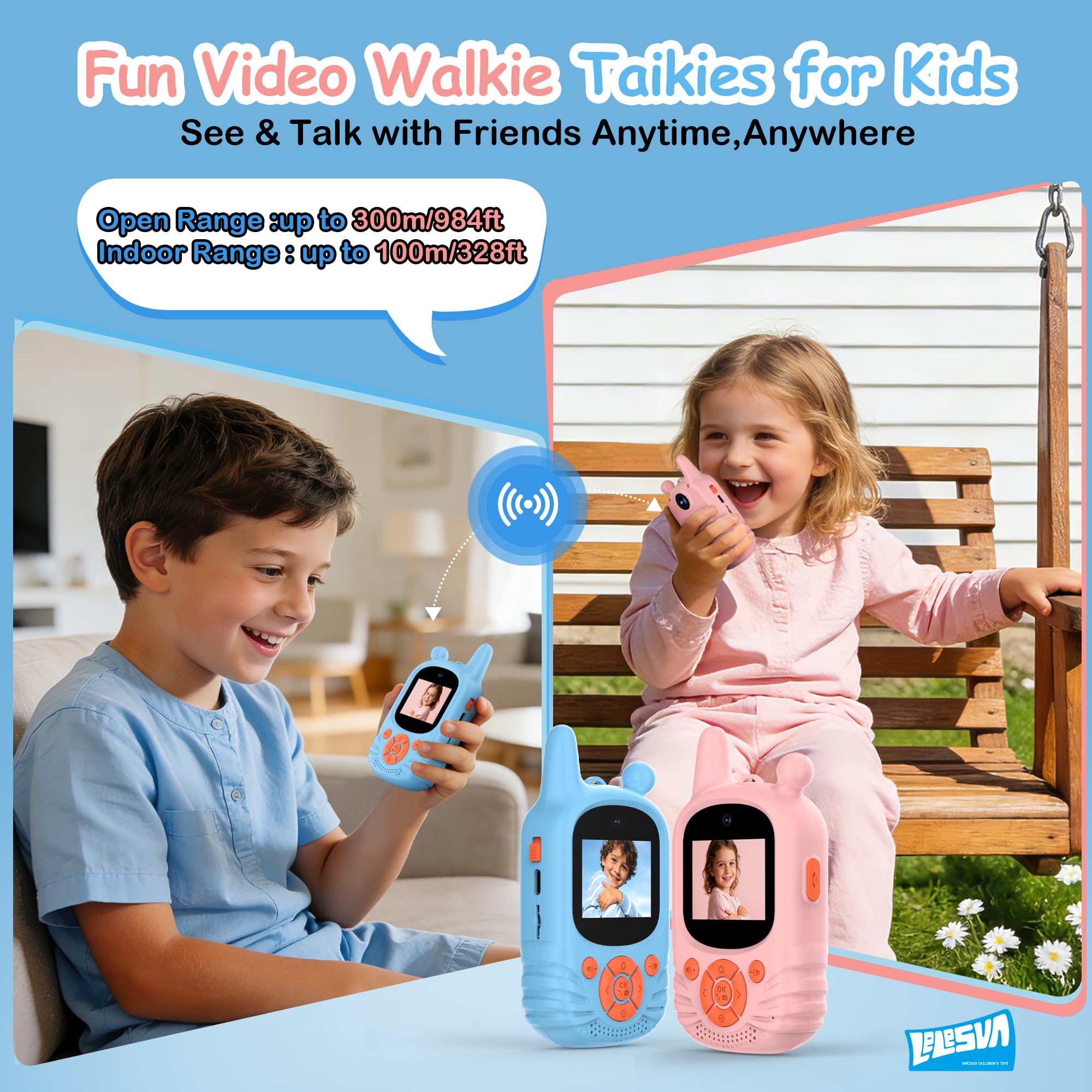 Walkie-Talkies de video para niños, cámara Dual HD, 2 piezas, juguete recargable, walkie talkies, recargable, alcance de 300 m, walkie talkie para niños de 3 a 12 años, regalos para