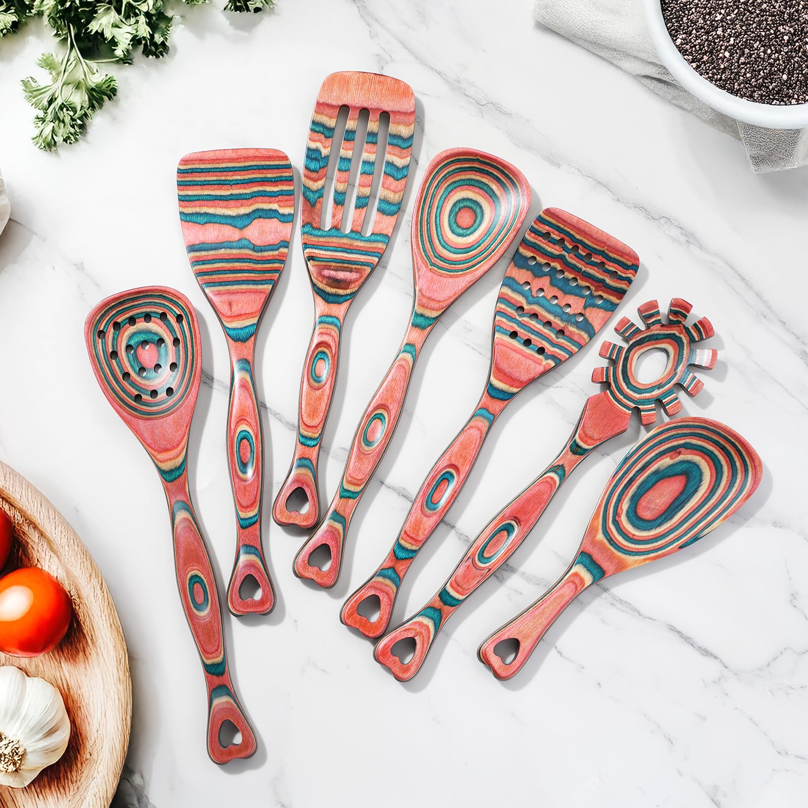 Gudamaye Pakkawood 7-teiliges Kochutensilien aus Holz, Holzlöffel zum Kochen, Holzutensilien-Set, rosa-orange Pakkawood Kochlöffel, Antihaft-Löffel, Pakkawood Küchenutensilien
