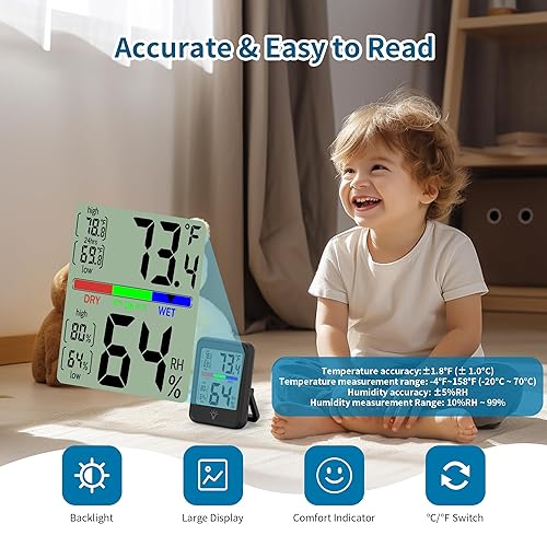 Miniatura 4 de Termómetro digital higrómetro, termómetro de pared interior, monitor de temperatura de humedad interior con registros máximos y mínimos