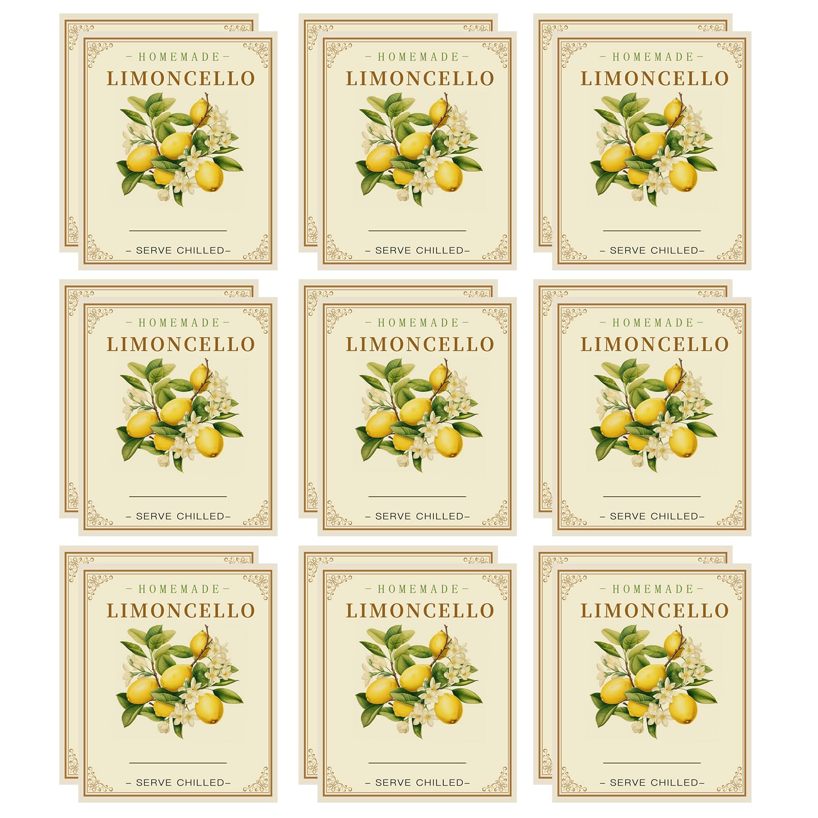 Limoncello - Etiquetas para botellas de limoncello caseras, 20 unidades, calcomanías de etiquetas de botellas de vidrio Limoncello, 2.5 x 3 pulgadas, elegantes calcomanías de vino de limón para bodas