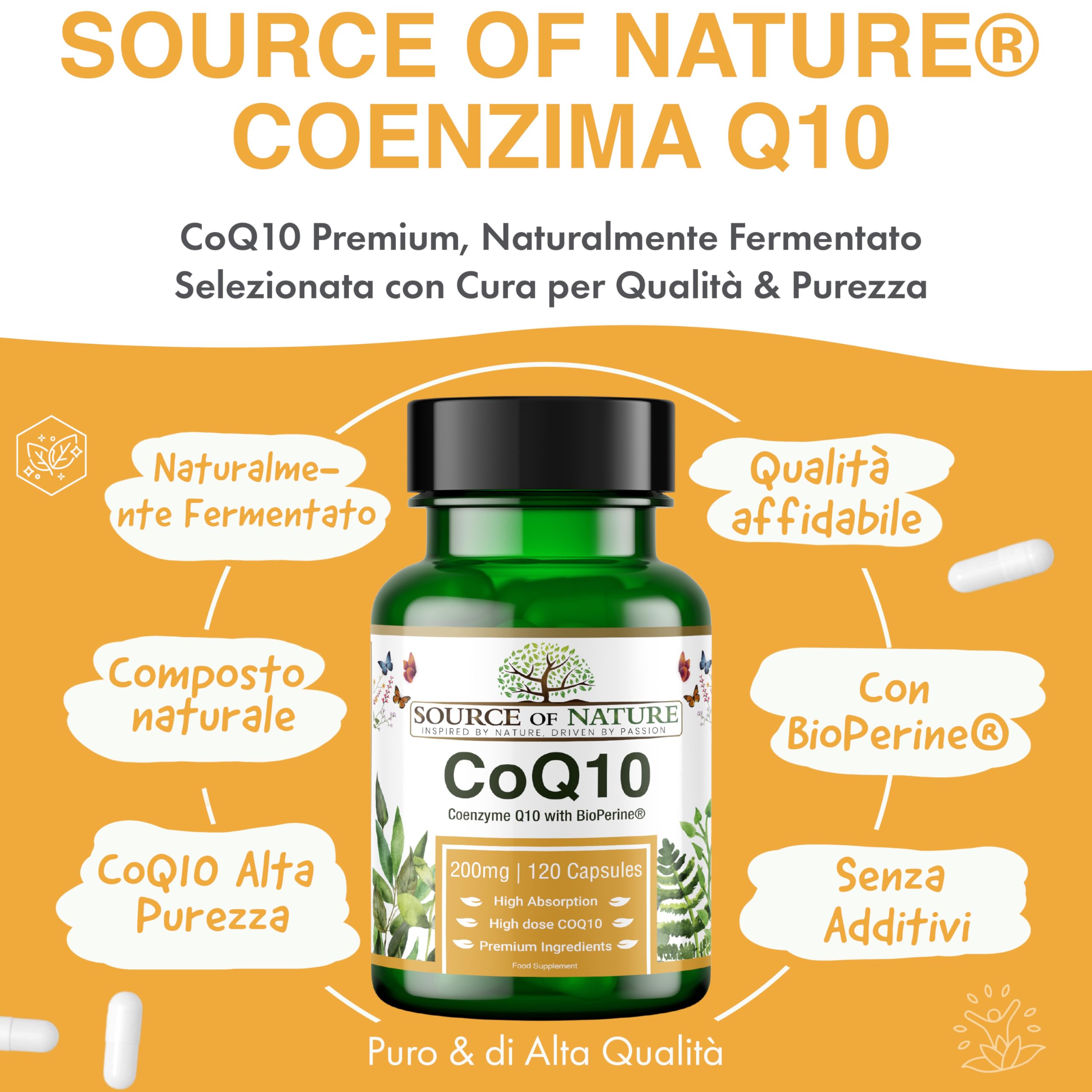 Source of Nature® Coenzima Q10 200mg - 120 Capsule Vegane (4 Mesi) | Ubichinone Bioidentico Fermentato Naturalmente | Alta Dose & 99% Puro | con BioPerine® Pepe Nero