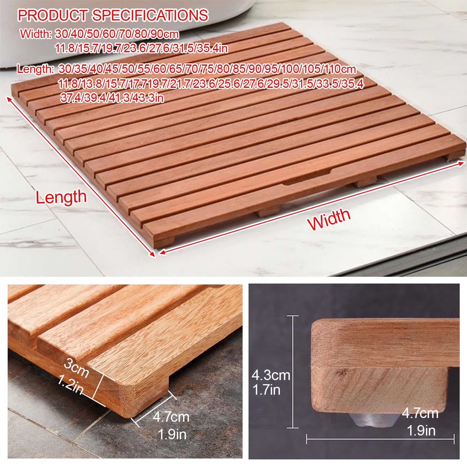 Rutschfeste Lar Teak-Duschbodenmatte mit Ablaufloch, 30 x 55 cm, Badematte für Innen- und Außenbereich, Wellnessbereich, Holz-Duschmatte für Badezimmer und Hof