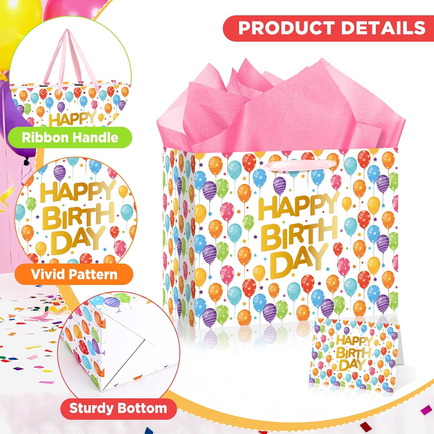 Colorful Balloon Gift Bag for Girls Happy Birthday Gift Bag with Tissue Paper Greeting Card Handle Balloon Wrapping Paper Bags with Confetti Design for Kids Birthday Baby Shower Graduation Party Decor