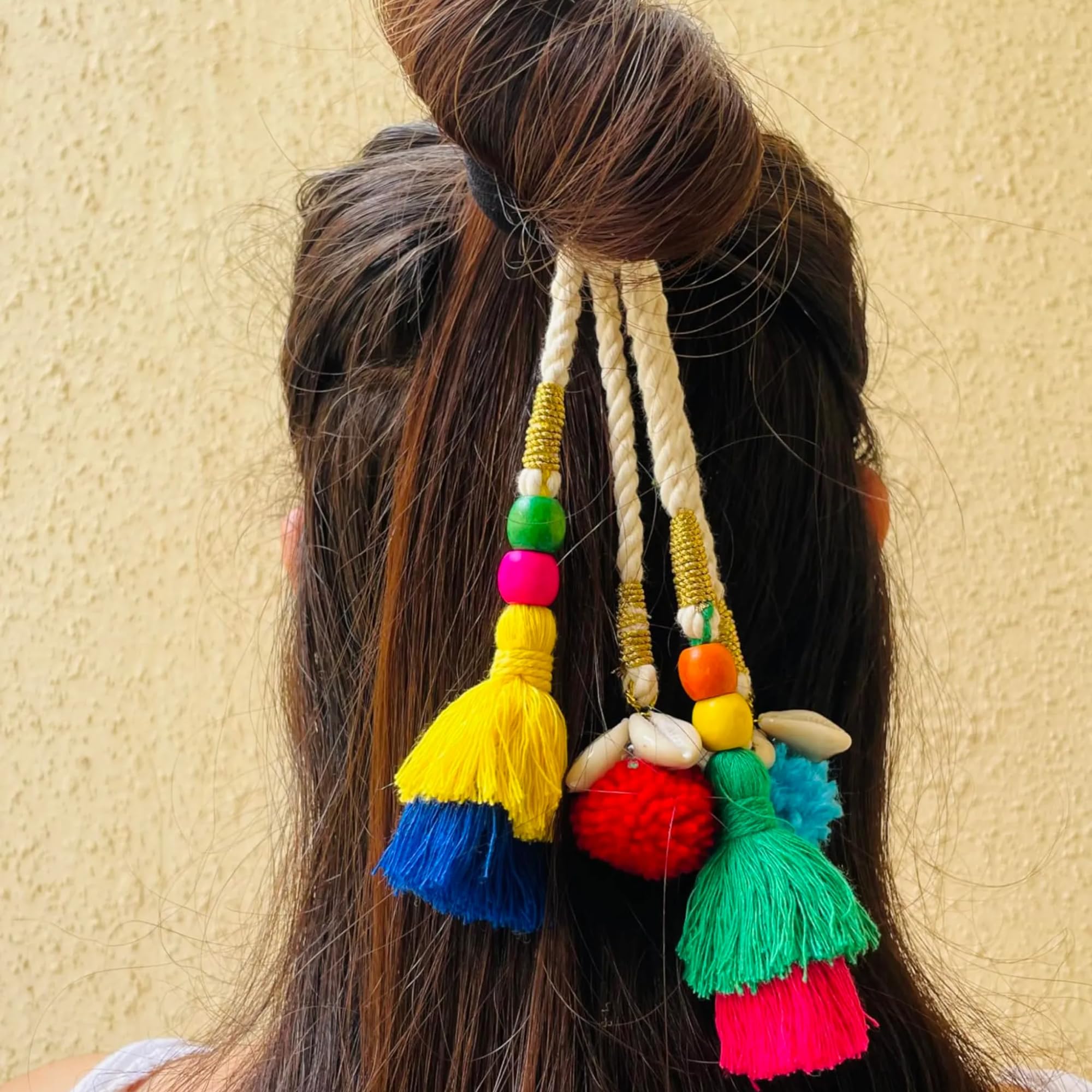 MILAPARK CRAFTS Boho Hair Scrunchie with Hanging Tassels, Pom-Poms & Cowrie Shells | Ethnic Decorative Hair Tie for Women & Girls | Perfect for Buns, Braids & Navratri Festive Hairstyles 1
