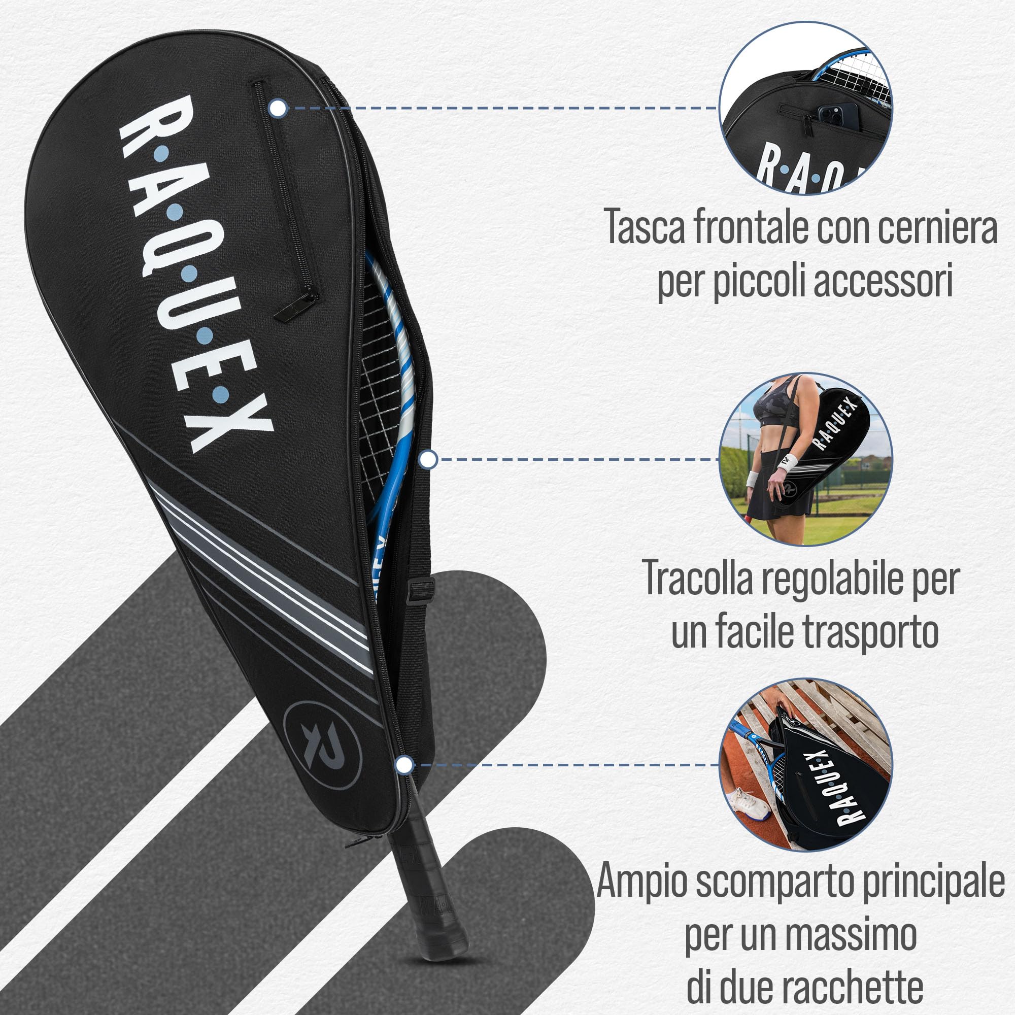 Raquex Borsa per racchette da tennis, blu o nero, borsa per racchette da tennis, squash e badminton, per 2 racchette e accessori, con tracolla