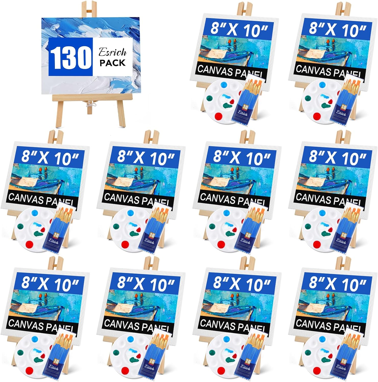 ESRICH 130PCS Canvas with Easel Set, Paint and Sip Kit for Adults,Paint Brushes Canvas Panel Painting Kit,Painting Supplies Kit, Artists and Beginners to Painting Party