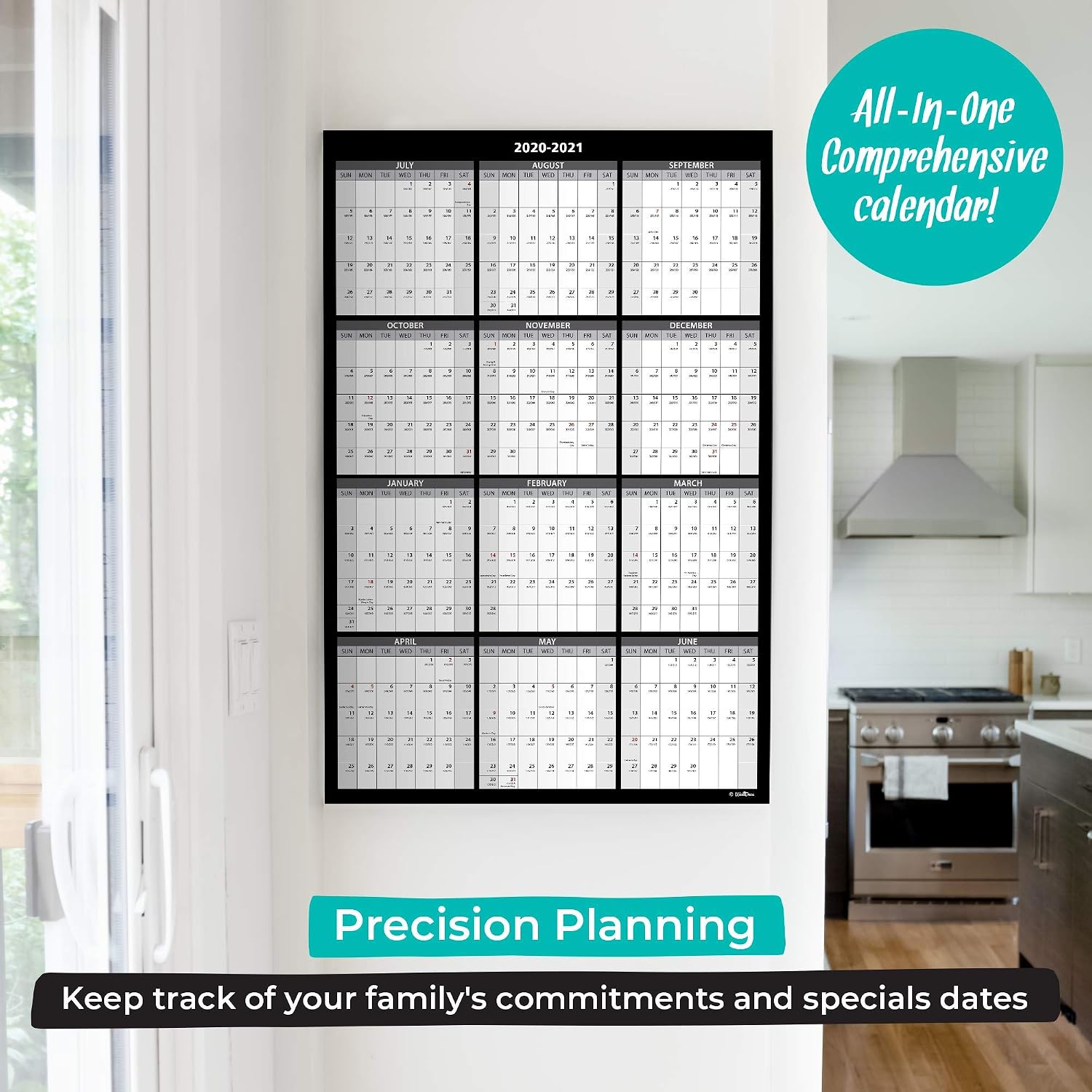 WallDeca Large Annual Erasable Laminated Wall Calendar, Jul 2020 - Jun 2021, 24 x 36 Inch, 2-Sided Reversible Vertical/Horizontal, Mounting Tape Included