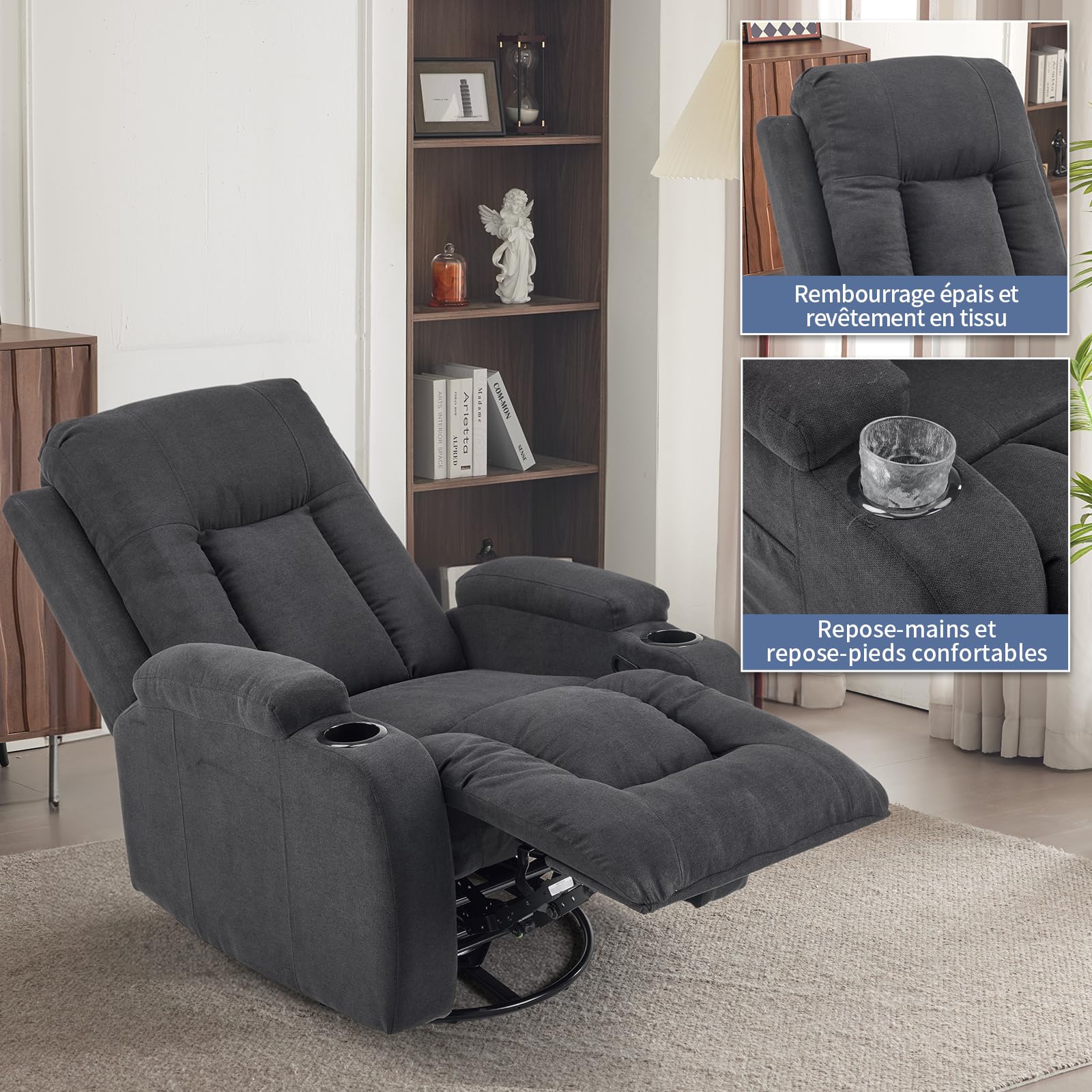 LEADZM Fauteuil Relax avec Fonction électrique Massage,avec 360° Chaleu et Tourner Réglage Manuel de Inclinaison Fauteuil Relaxant avec Repose-Pied,Télécommandes,Noir