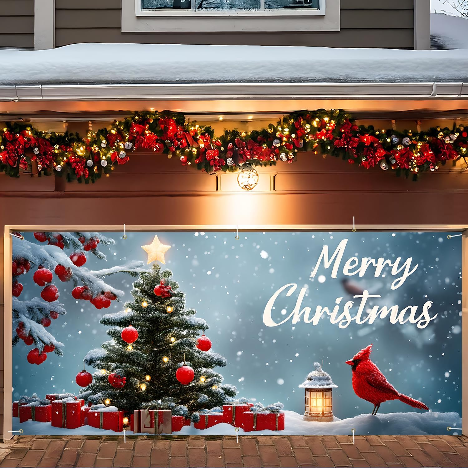 Christmas Garage Door Banner 7x16FT, Cardinal Bird and Gift Tree Garage Door Cover, Large Outdoor Xmas Decoration for Garage Doors, Garden Fence & Holiday Parties