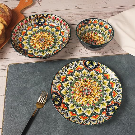 YA JU Mandala Dinnerware Sets (12 Pcs) Serves 4, Buffet Dinnerware, Boho Plates and Bowls Dish Set with 8 salad Plate 8 Dessert Plate 4.8 bowl, apply Casual dining Indoor Outdoor Dining Party