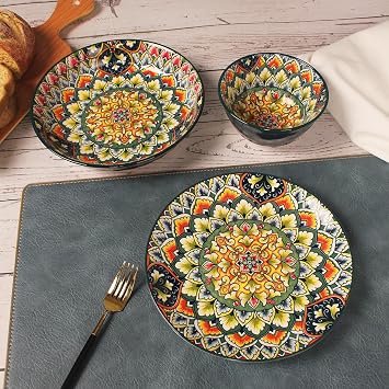 YA JU Mandala Dinnerware Sets (12 Pcs) Serves 4, Buffet Dinnerware, Boho Plates and Bowls Dish Set with 8 salad Plate 8 Dessert Plate 4.8 bowl, apply Casual dining Indoor Outdoor Dining Party