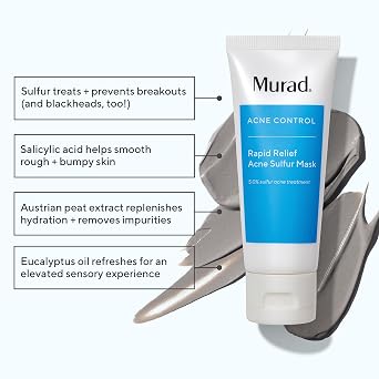 Murad Rapid Relief Acne Sulfur Mask Clay Mask with Salicylic Acid, 5% Sulfur, and Austrian Peat Reduces Oil, Minimizes Breakouts, Reduces Pimple Size, and Unclogs Pores 2.5 Fl Oz