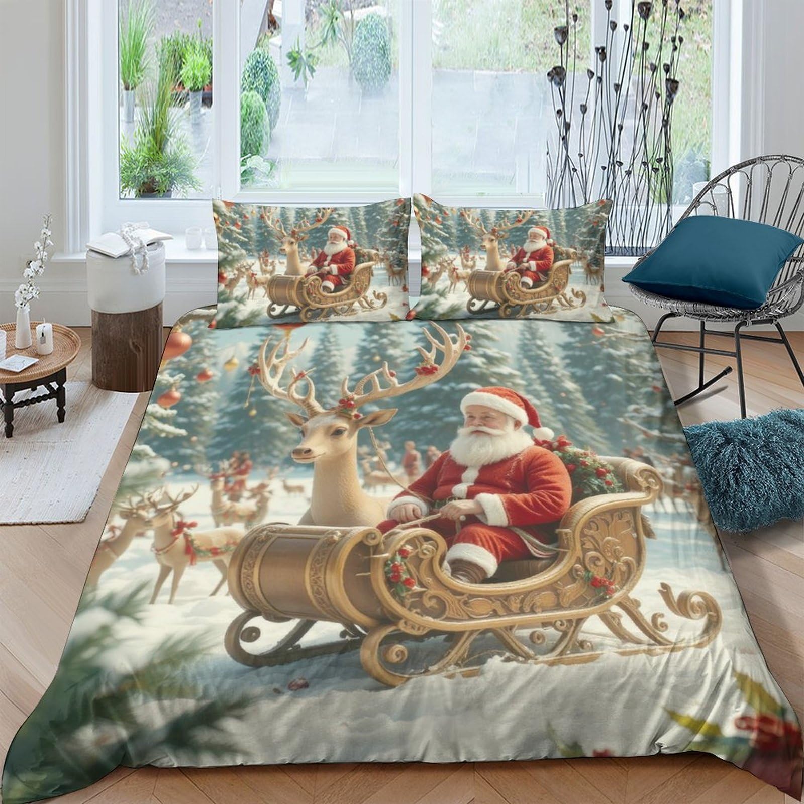 GPLZQXKJNH 3D Printed Christmas Santa Sleigh Duvet Cover Microfiber Soft Reindeer Quilt Cover Set with 2 Pillowcases for Bedroom Decor Single（135x200cm）