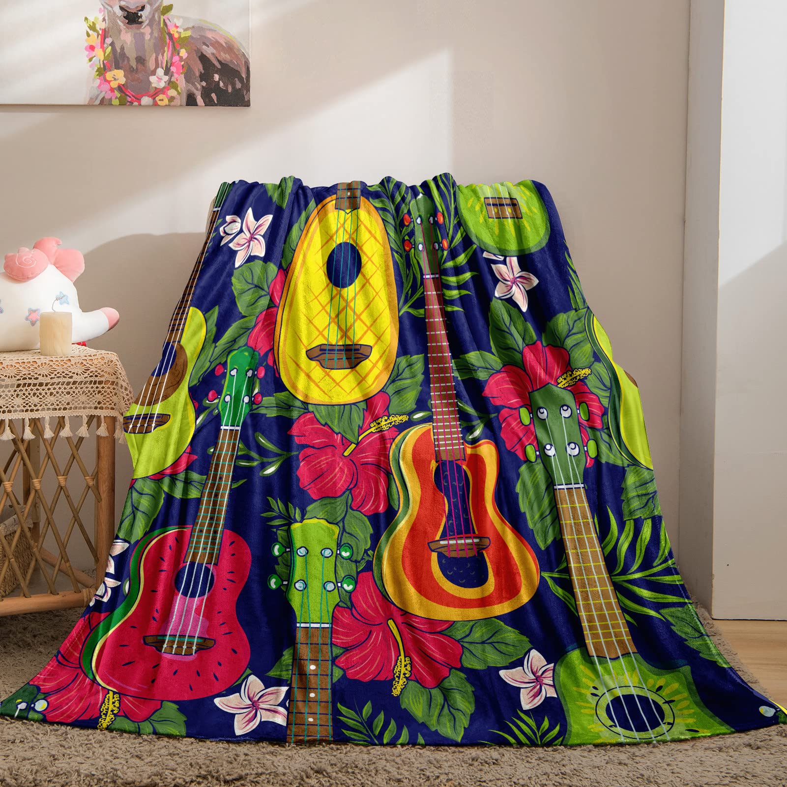 YUANZU Music Blanket Throw, Kids Girls Pop Colorful Hawaiian Fruity Ukulele and Flower Print Pattern Soft Cozy Flannel Baby Blanket, Warm Lightweight Plush Throw Couch Sofa Bed Cover 40x50 inch