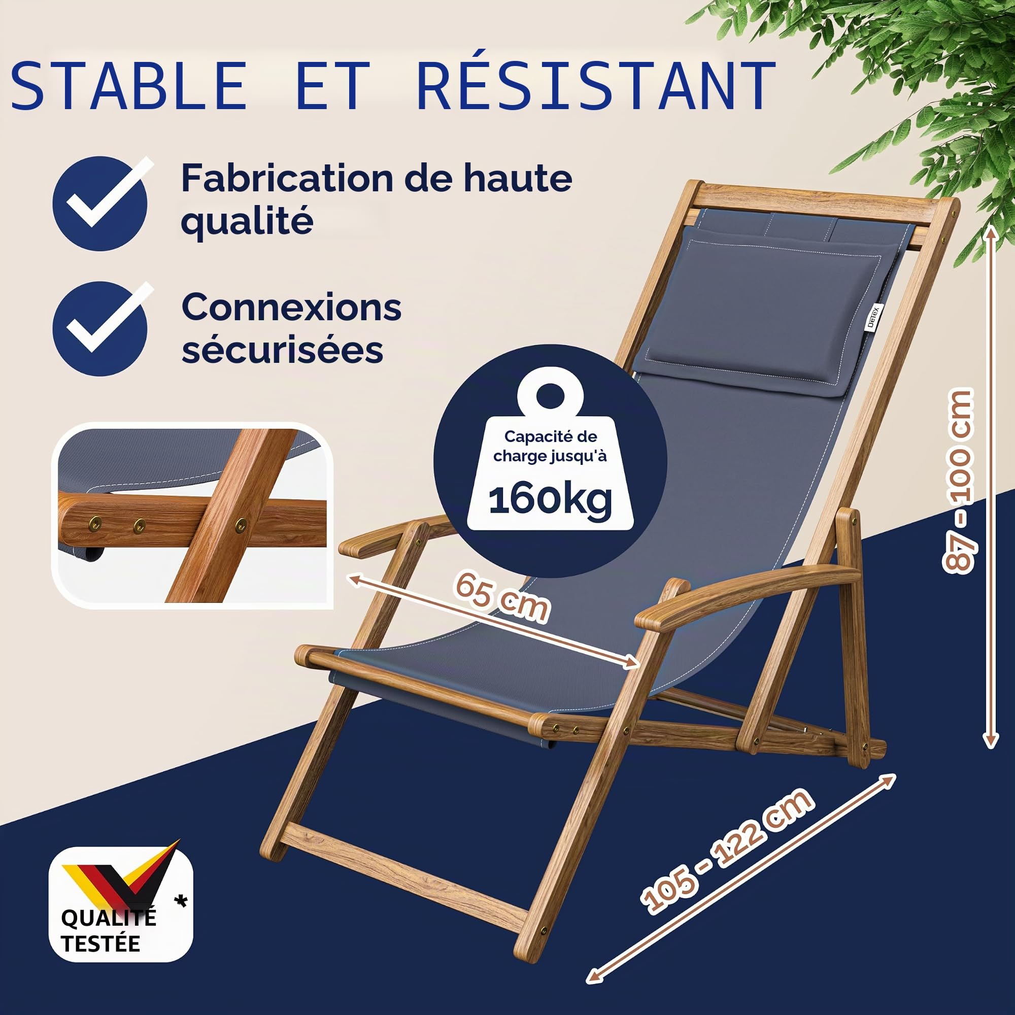 Casaria® Chaise Longue Pliante en Bois Anthracite Chaise de Plage 3 Positions Chilienne transat Jardin Exterieur