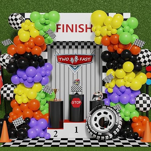 Guirnalda de globos con temática de camión, 159 piezas de arco de globos naranja, amarillo, negro, verde, morado con globo para rueda de automóvil,