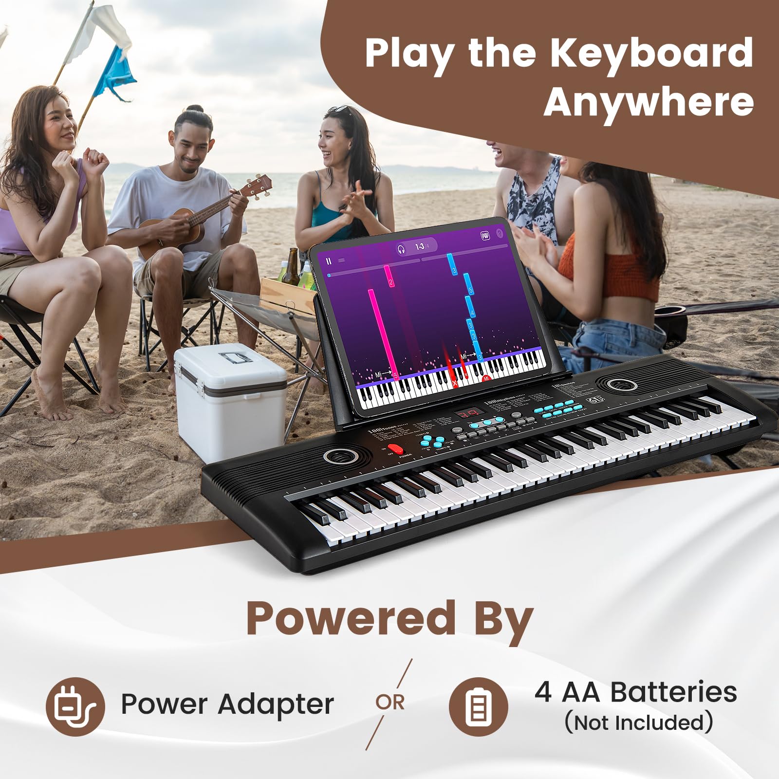 LDAILY Piano de teclado de 61 teclas, piano digital electrónico con micrófono de altavoz integrado, soporte para partituras y adaptador de corriente, teclado de piano portátil para principiantes