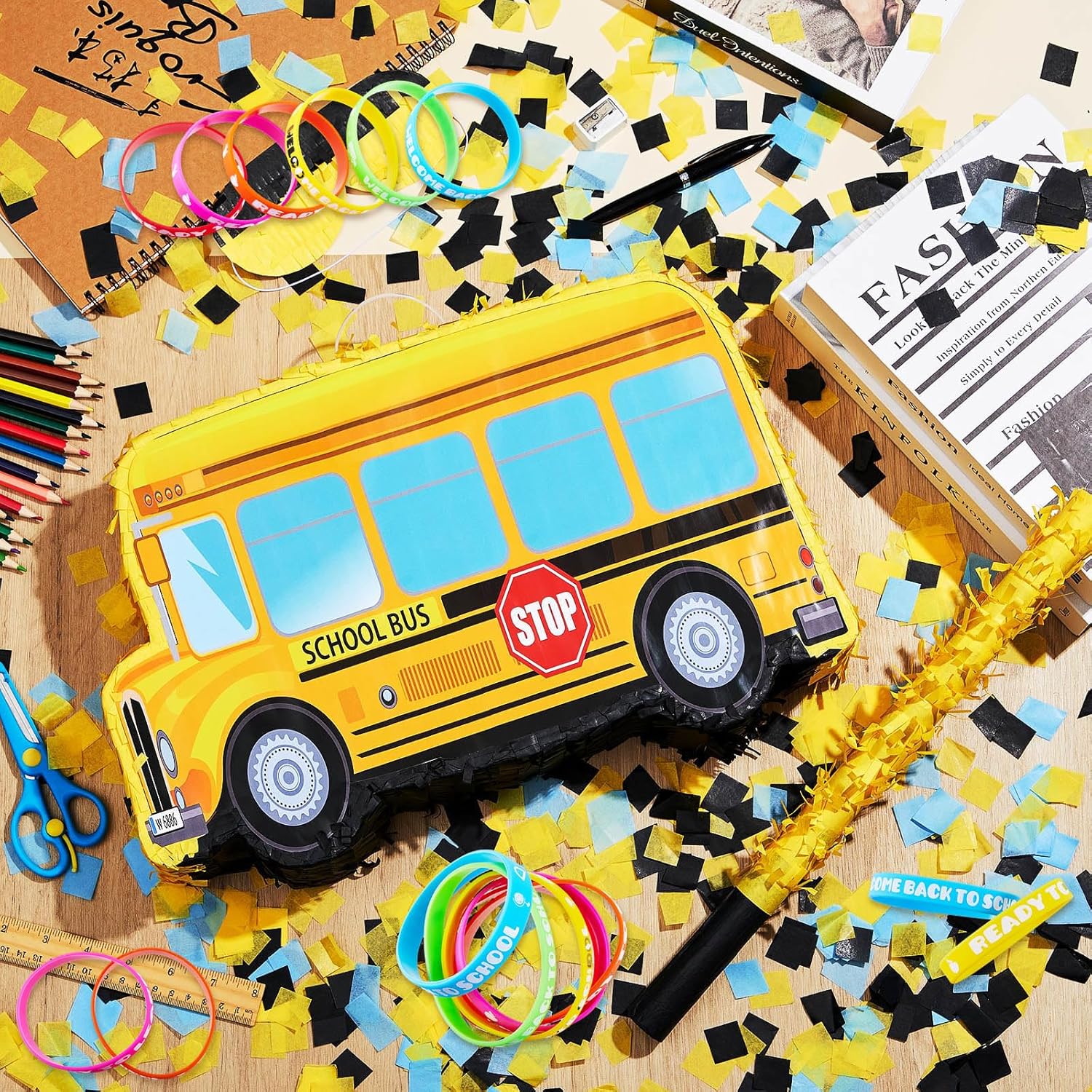 Jenaai School Bus Piñata Back to School Decor Kit with 36 Pcs Ready to Learn Rubber Bracelets Silicone Wristbands for Classroom Decorations, Kindergarten Supplies, Bus Birthday Party Favors