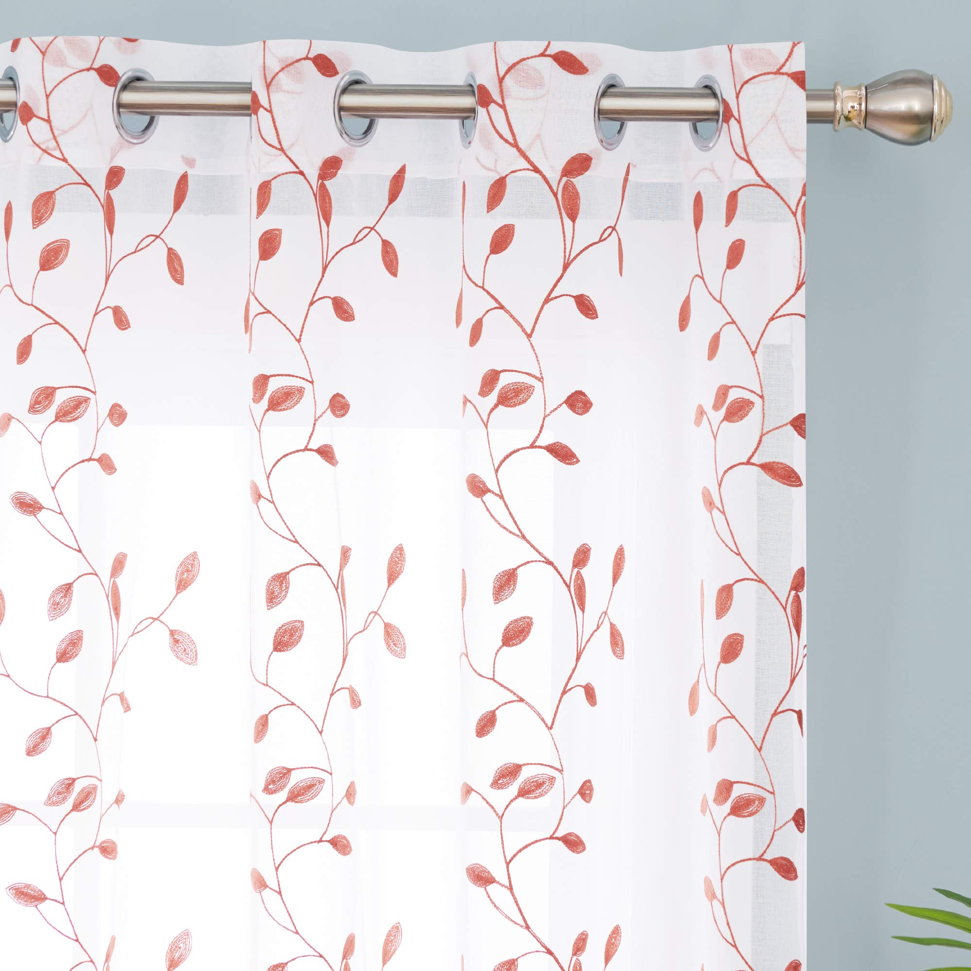 Deconovo Set of 2 Net Curtains for Girls Boys and Children Faux Linen with Eyelets Orange Pattern 140 x 138 cm (L x H) - Image 2