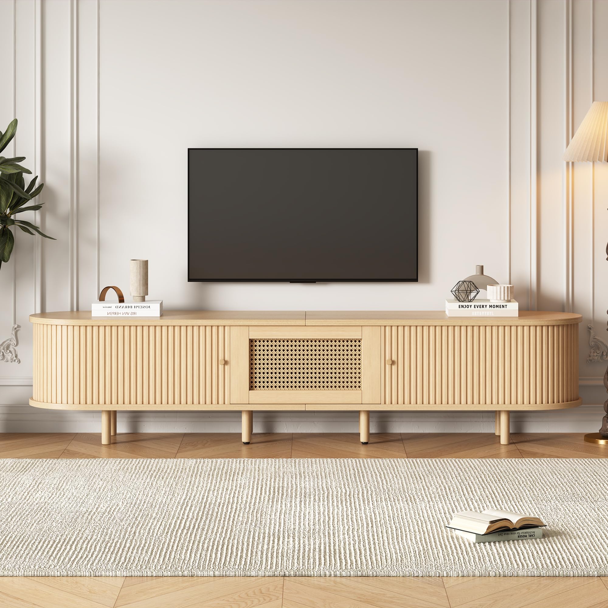 BTM TV Stand with Rattan Drawer & Sliding Doors, Oval Rounded Corner Cabinet, 1804040cm, Light Wood, MDF, 30kg Capacity, For 70" TV