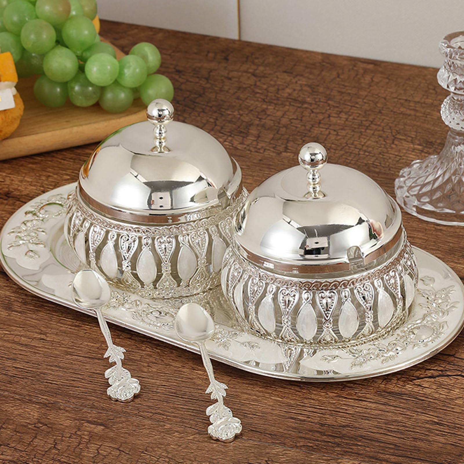 Set Zuccheriera Elegante Design Nordico Multifunzionale per Bancone della 2 unità in Acciaio Inox e Vetro con Cucchiaio e Coperchio