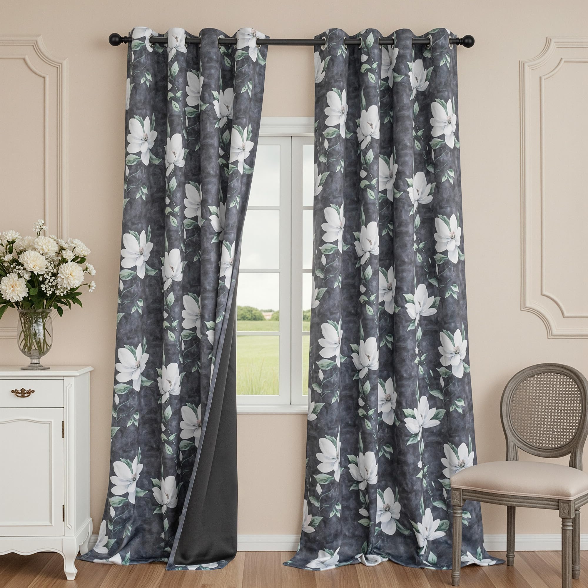 MYSKY HOME Floral 95% Blackout Curtains 102 Inch Length 2 Panels Deep Grey