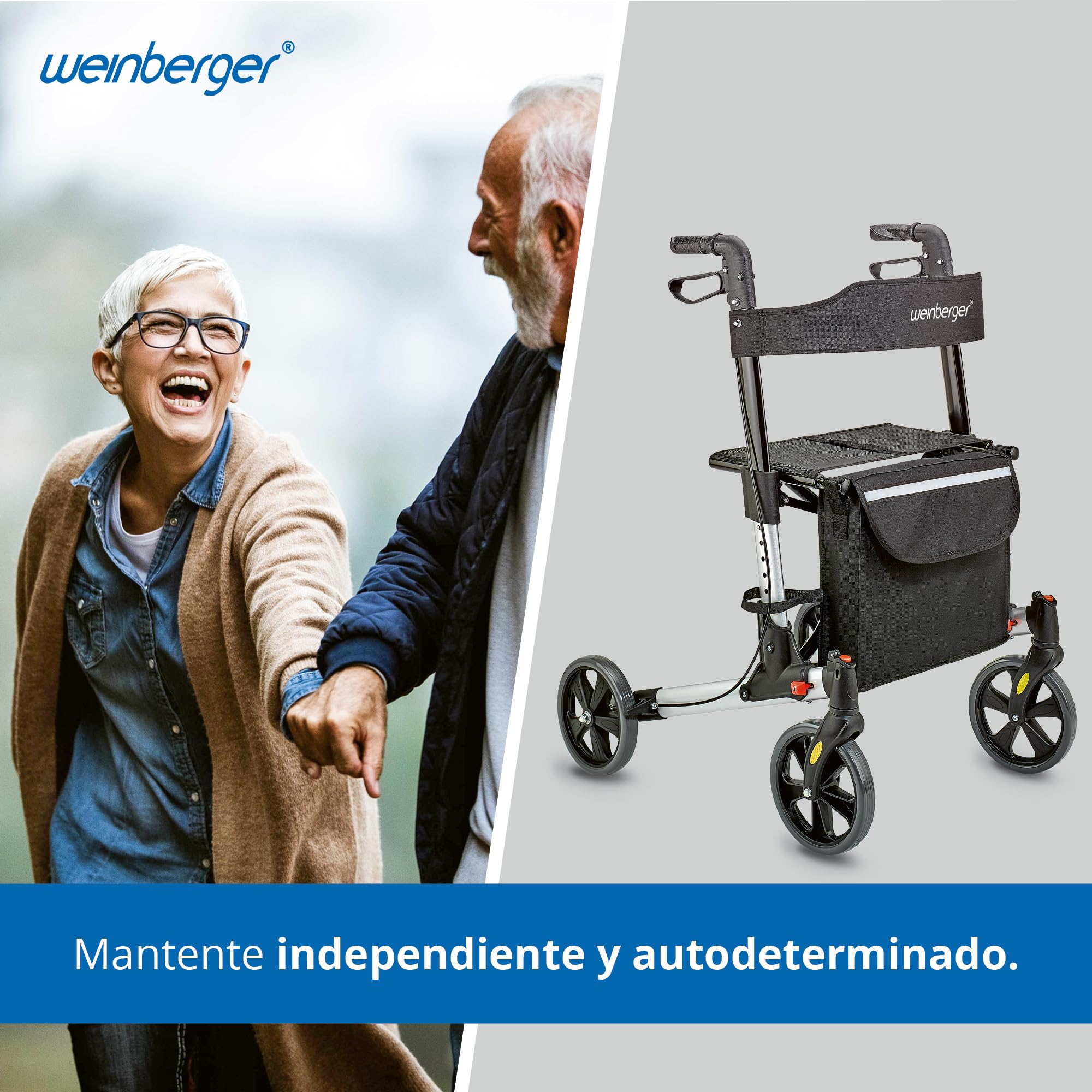 WEINBERGER leichter klappbarer Alu-Rollator all-Inclusive mit Tasche Stockhalter Bremsen, Leichtgewicht nur 7,3 kg, höhenverstellbar, Gehwagen Gehhilfe Reiserollator, Farbe Silber-Schwarz, 48911