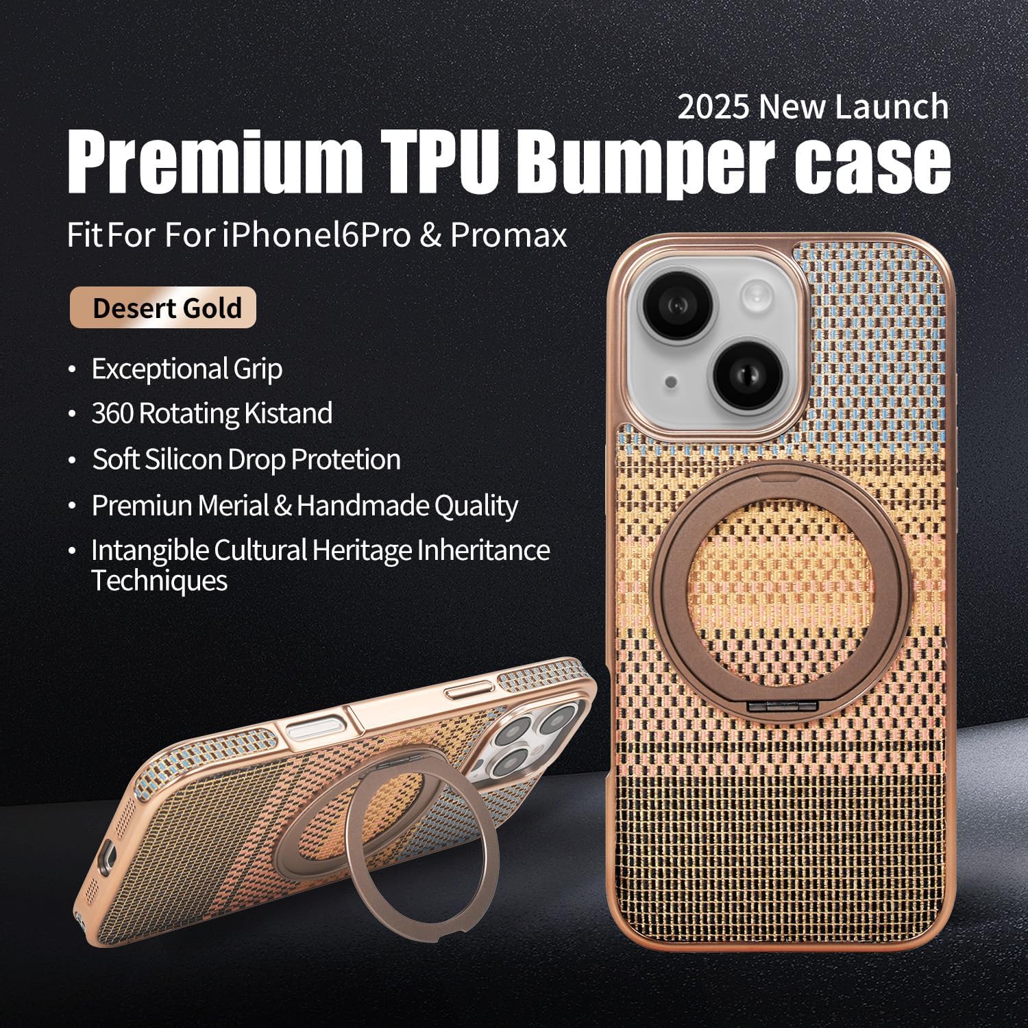 Phone Case for iPhone 15 Case with Stand, Luxury Fashion Silk Phone Cover for Women, Magnetic TPU Shockproof Protective Phone Case, MagSafe Compatible (Sunset Gold)