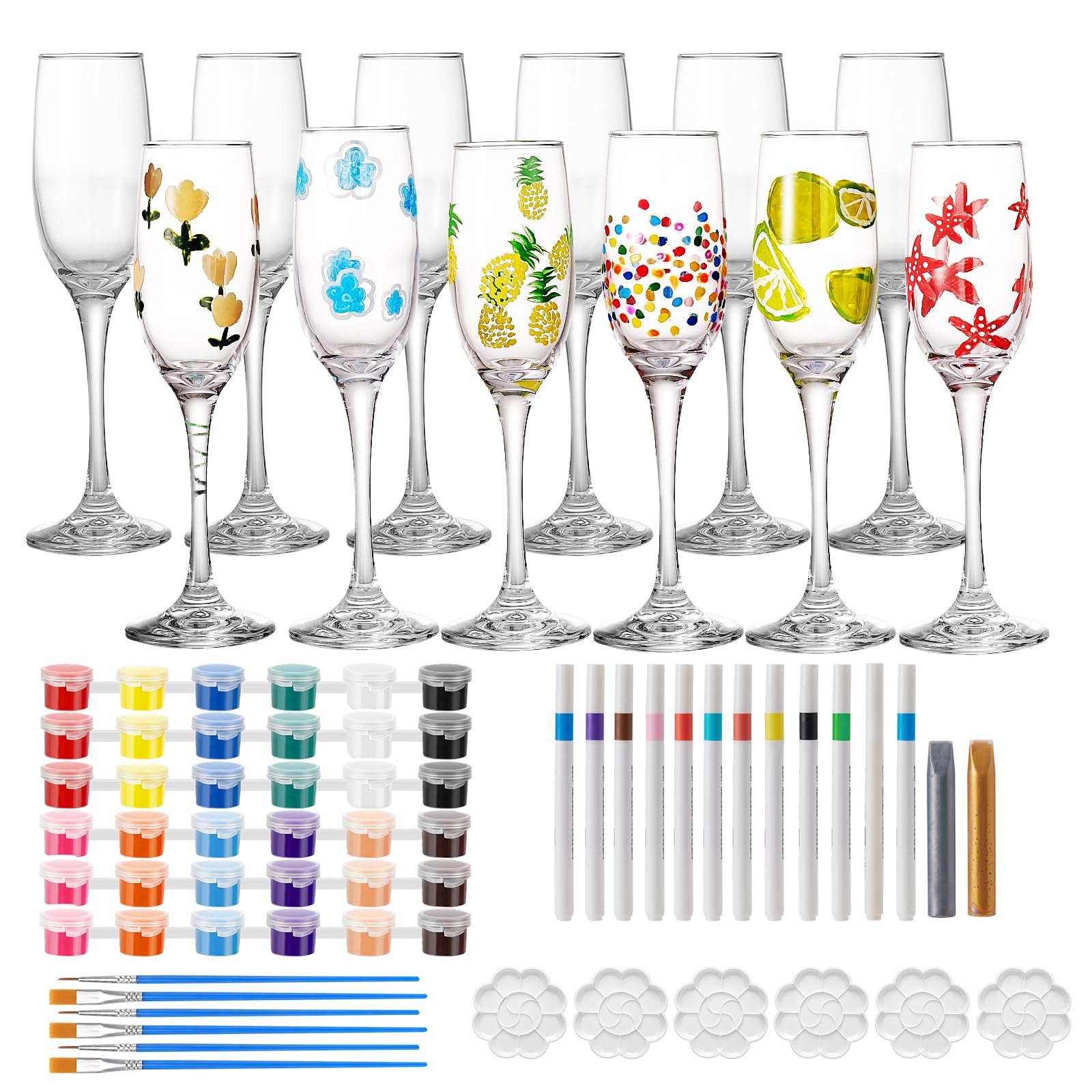 JMKJMJP 6 Sets Paint Your Own Wine Glass Set with 12 Markers, 2 Outliners, 36 Acrylic Paint Strips, 12 Brushes and 6 Palette for Adults, Ladies Night or Couple