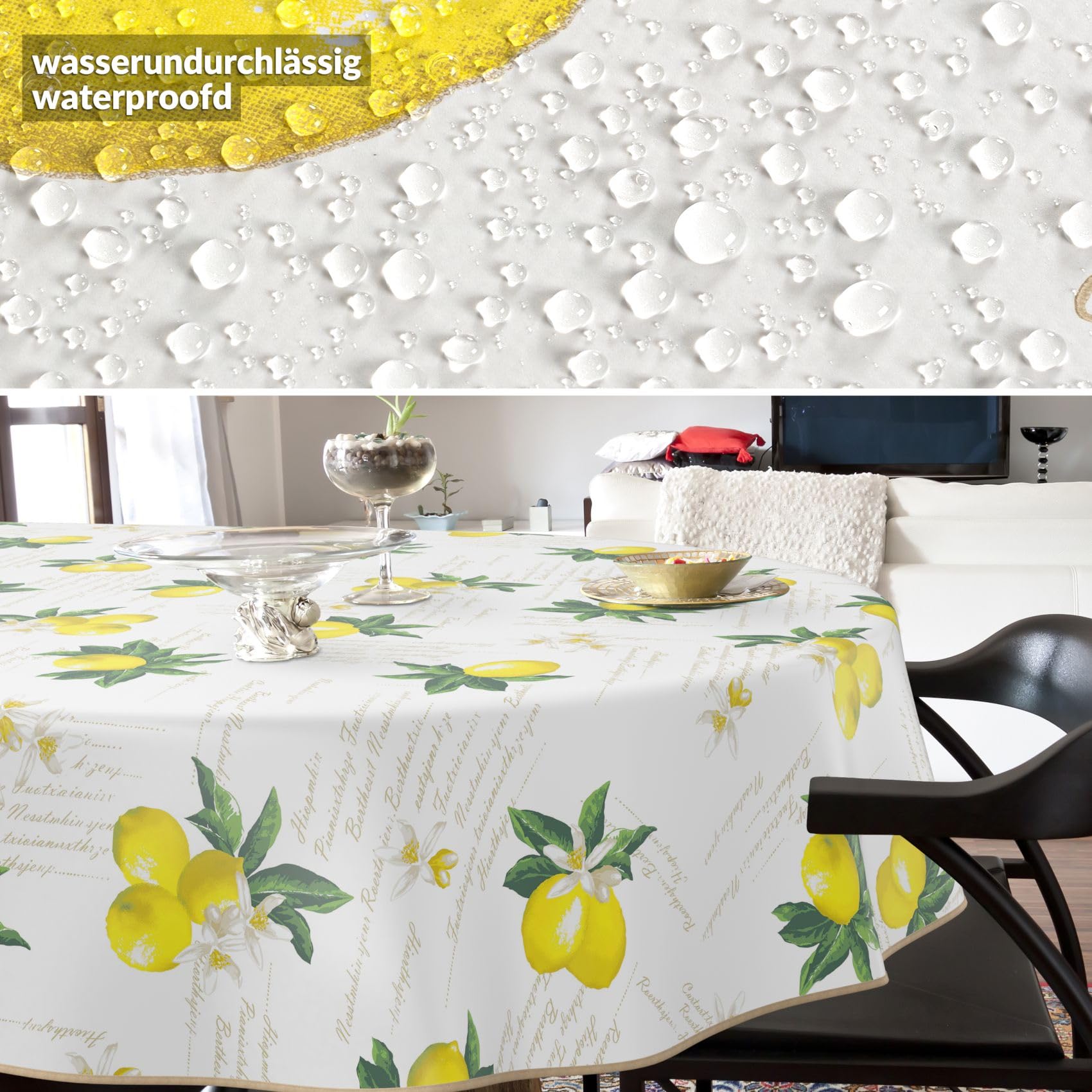 ANRO Nappe en toile cirée lavable, pour table de jardin, de forme ronde, ovale ou rectangulaire, ovale, 180 x 140 cm, avec ourlet (bordée), motif citrons