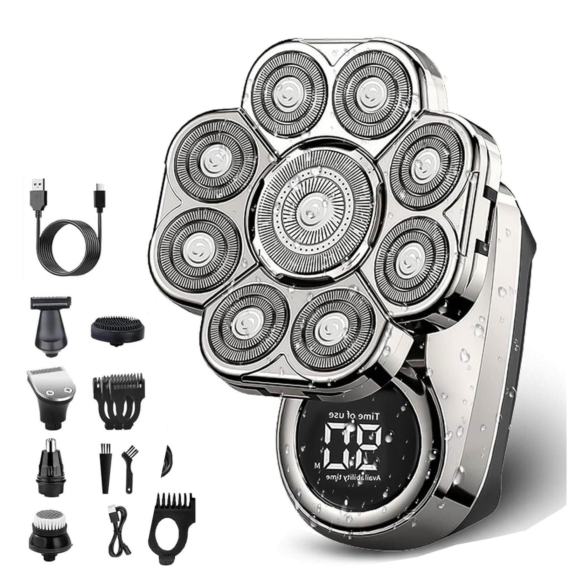 Rasoir à tête amovible, têtes de lame magnétique flottante 9D, rasoir électrique rechargeable 6 en 1 pour homme, rasage humide et sec IPX7 avec écran LED (7 têtes) (9 têtes)