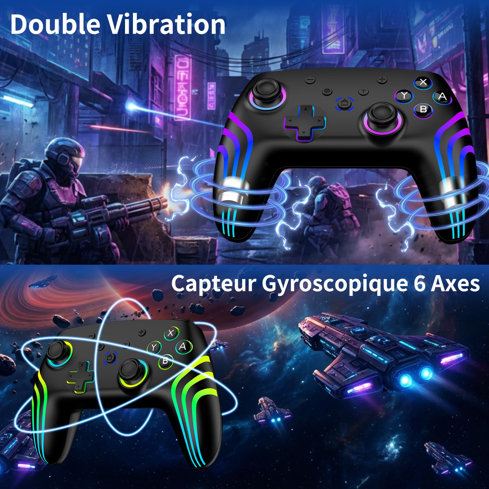 Reddening Lot de 2 Manette Switch 2 avec Station de Charge, Manette Switch pour Switch 2/Switch/Lite/OLED/PC, Manette Switch 1 avec RGB/Réveil/Gyroscope/Double Vibration/Turbo/Capture