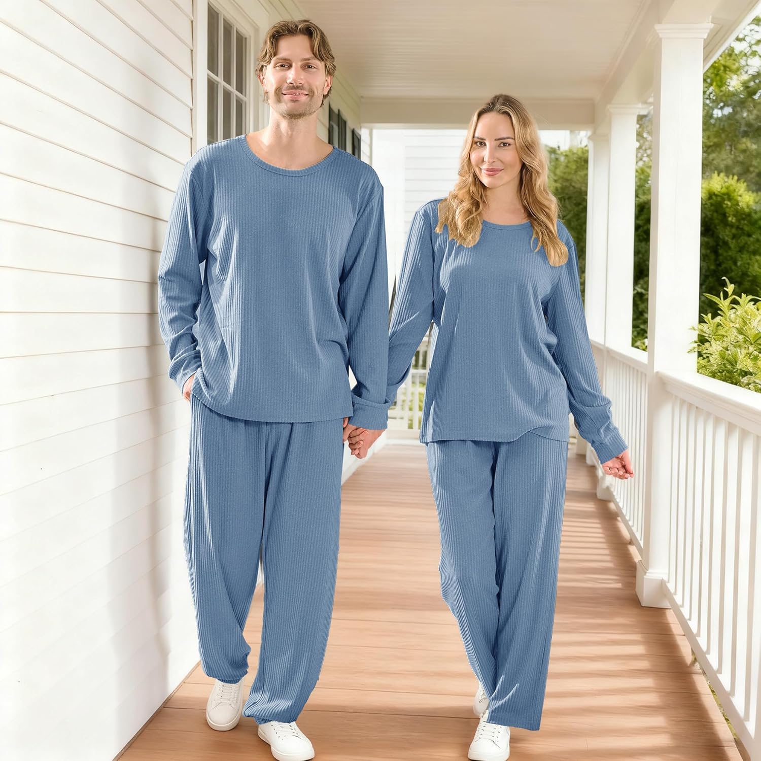 Ribbed Knit Matching Pajamas for Couples - Soft Cozy Pjs Long Sleeve Top & Wide Pant Sleepwear | Home & Lounge - Image 3