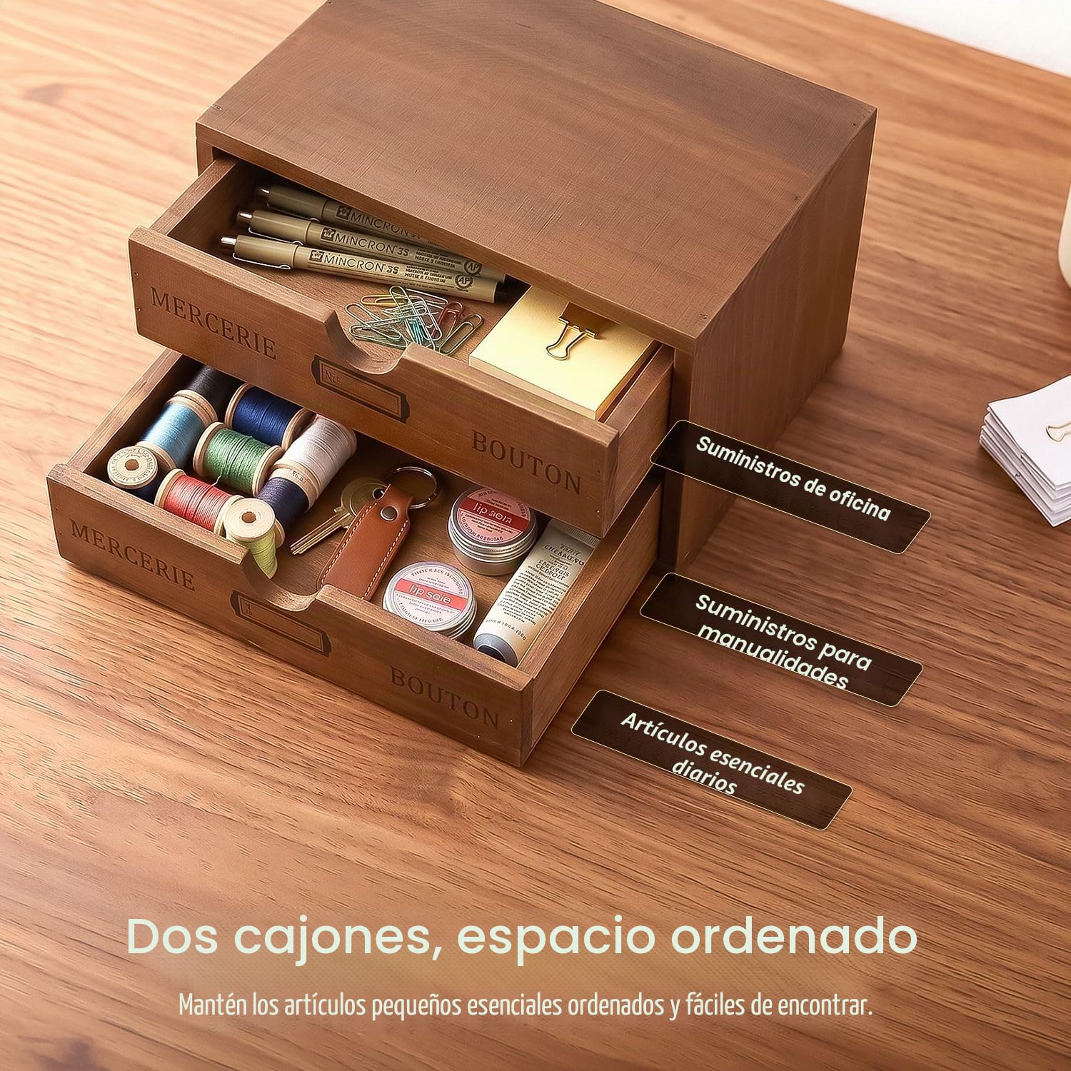 Flexzion Organizador de suministros de oficina de escritorio de madera con 2 cajones de almacenamiento, gabinete de mesa de madera de 2 niveles, caja de accesorios de escritorio para encimera, para el