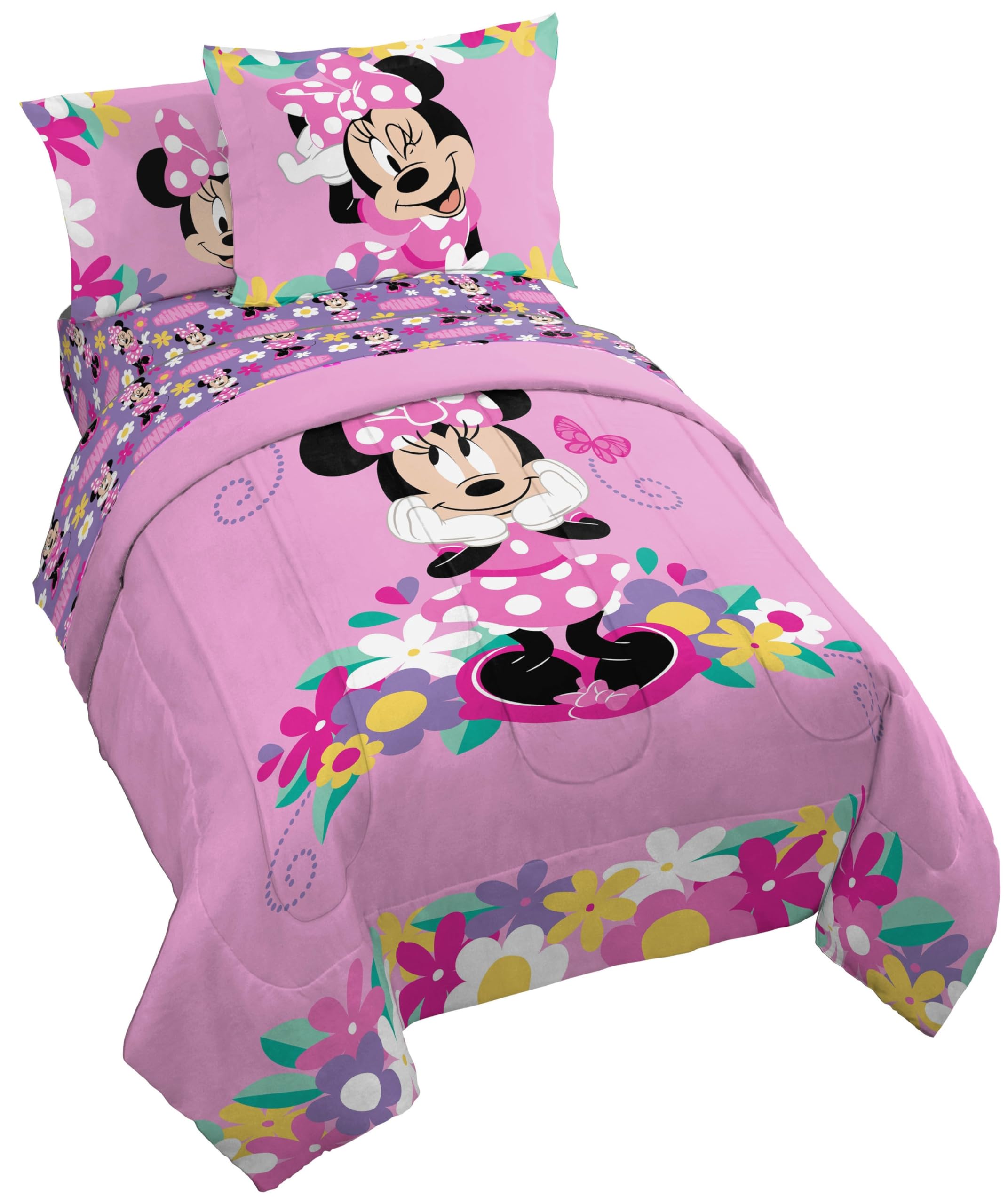 Jay Franco Kids Comforter Set Includes Sheets and Pillow Covers - Soft and Cozy Bed Set for Stylish Room Decor, Pink - Minnie Mouse 02, 7 Piece Full Size Bedding