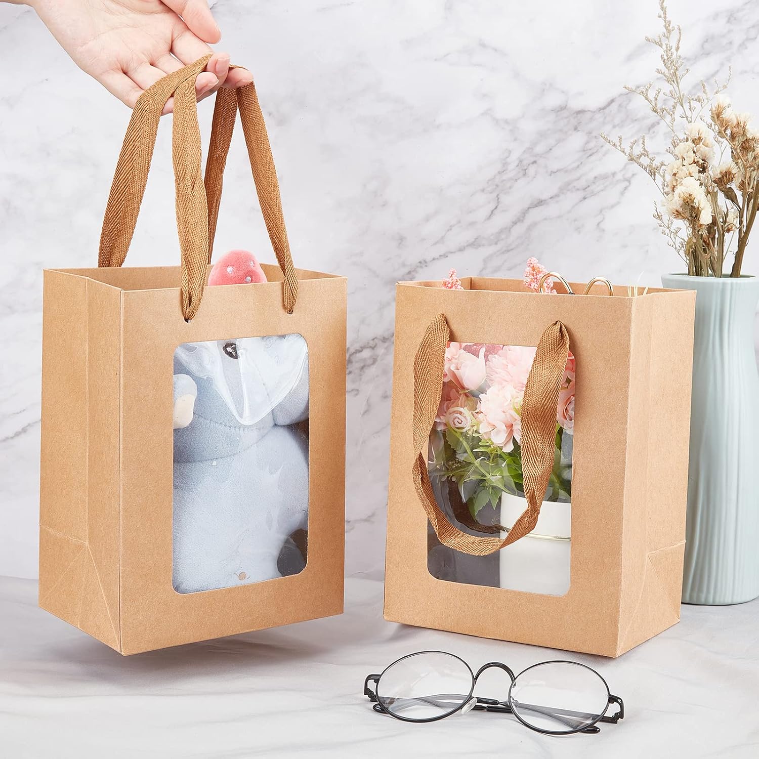 BENECREAT 10 Packs BurlyWood Kraft Paper Bag with Window 20x15x10cm Gift Bags with Clear Window for Wedding Candy Gift Packing - Image 4
