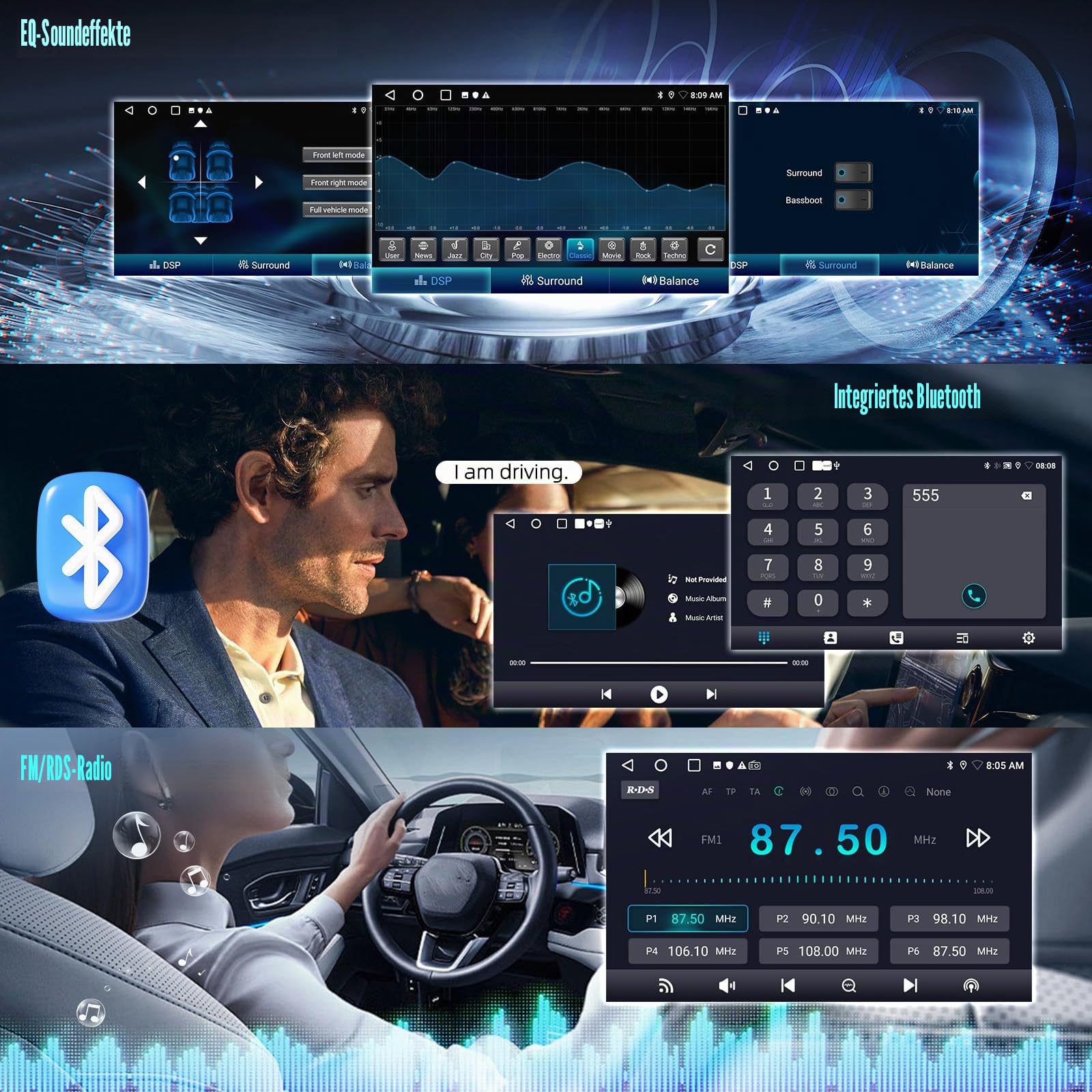 CAMECHO 2+64G Android Autoradio für Ford Fiesta Focus Transit Connect Kuga Mondeo Smax, 9 Zoll Wireless Carplay Navi Bluetooth Radio mit Android Auto WiFi GPS FM/RDS Mirror Link +Rückfahrkamera
