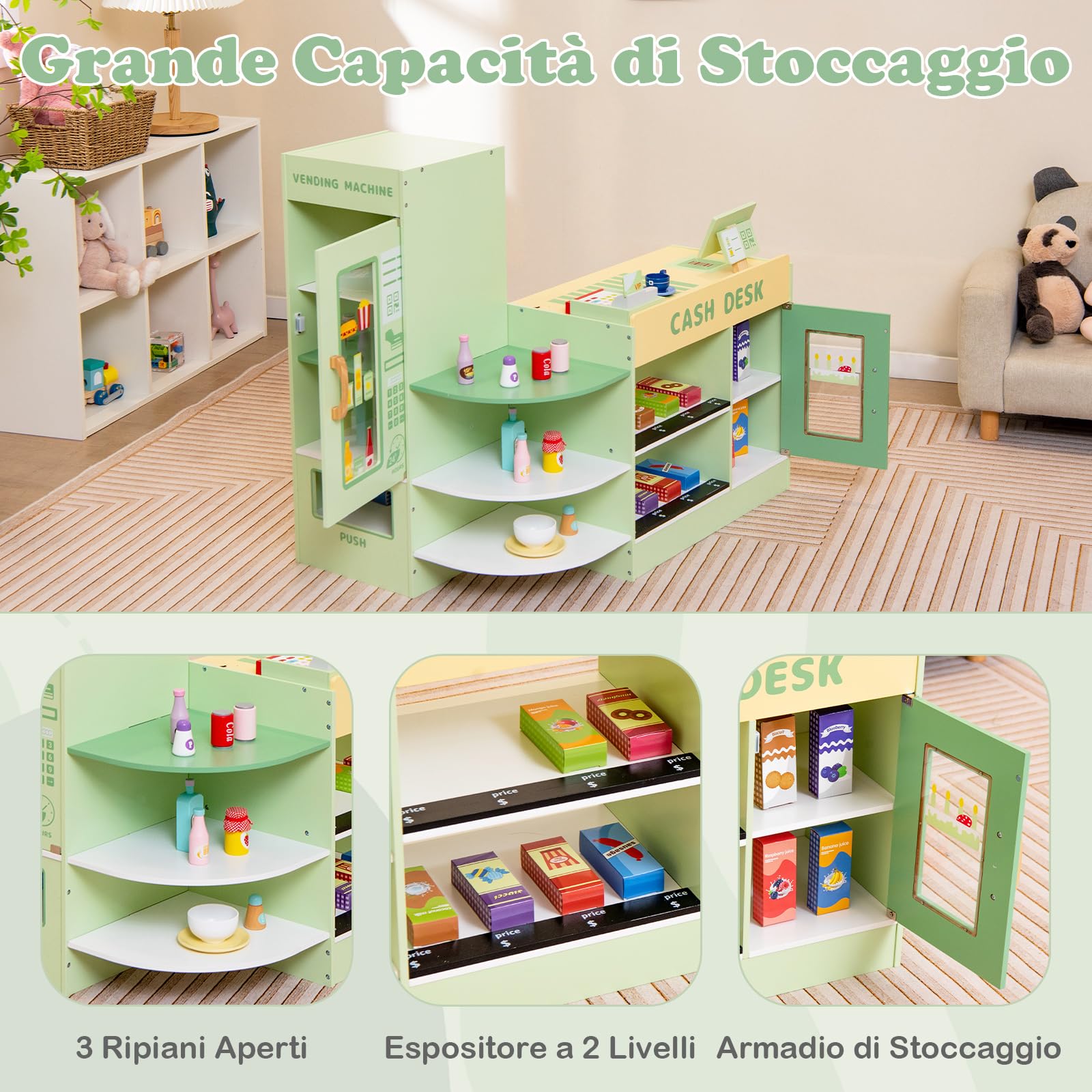 GYMAX Negozio di Alimentari per Bambini, Gioco di Supermercato in Legno Autoportante con Banco Cassa, Macchina POS, Distributore Automatico, Set di Giocattoli Registratore di Cassa (Verde)