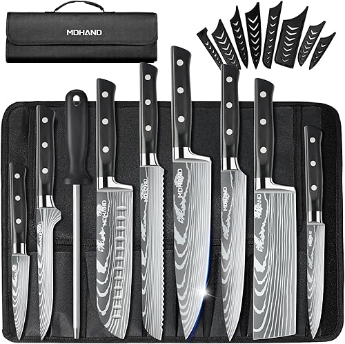 MDHAND Professional Chef Knife Set with Roll Bag, 9PCS Japanese Kitchen Knife Set with Sharpener, High Carbon Stainless Steel Kitchen Knives -