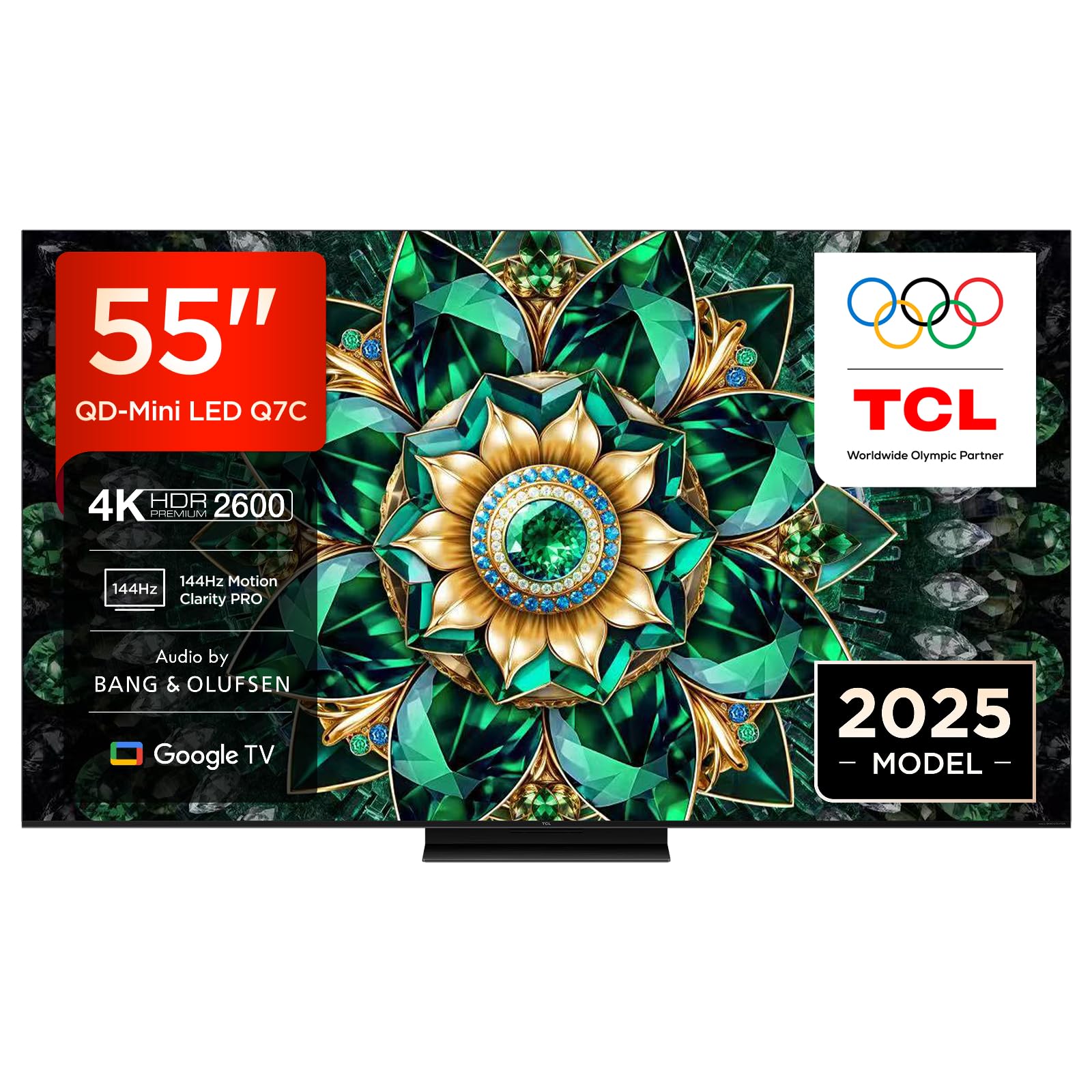 TCL Téléviseur 55Q7C 55 Pouces QD-​Mini LED, 4K HDR Premium 2600, Smart TV optimisé par Google TV (Dolby Vision IQ & Atmos, Dalle CrystGlow HVA, Audio Bang & Olufsen, Motion Clarity Pro 144 Hz)