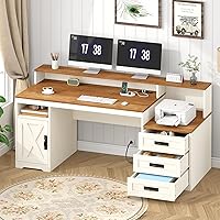 TVU 65'' Farmhouse Computer Desk with Drawers, Power Outlets, Storage Cabinet & Printer Shelf - Brown/White Home Office Writing Desk
