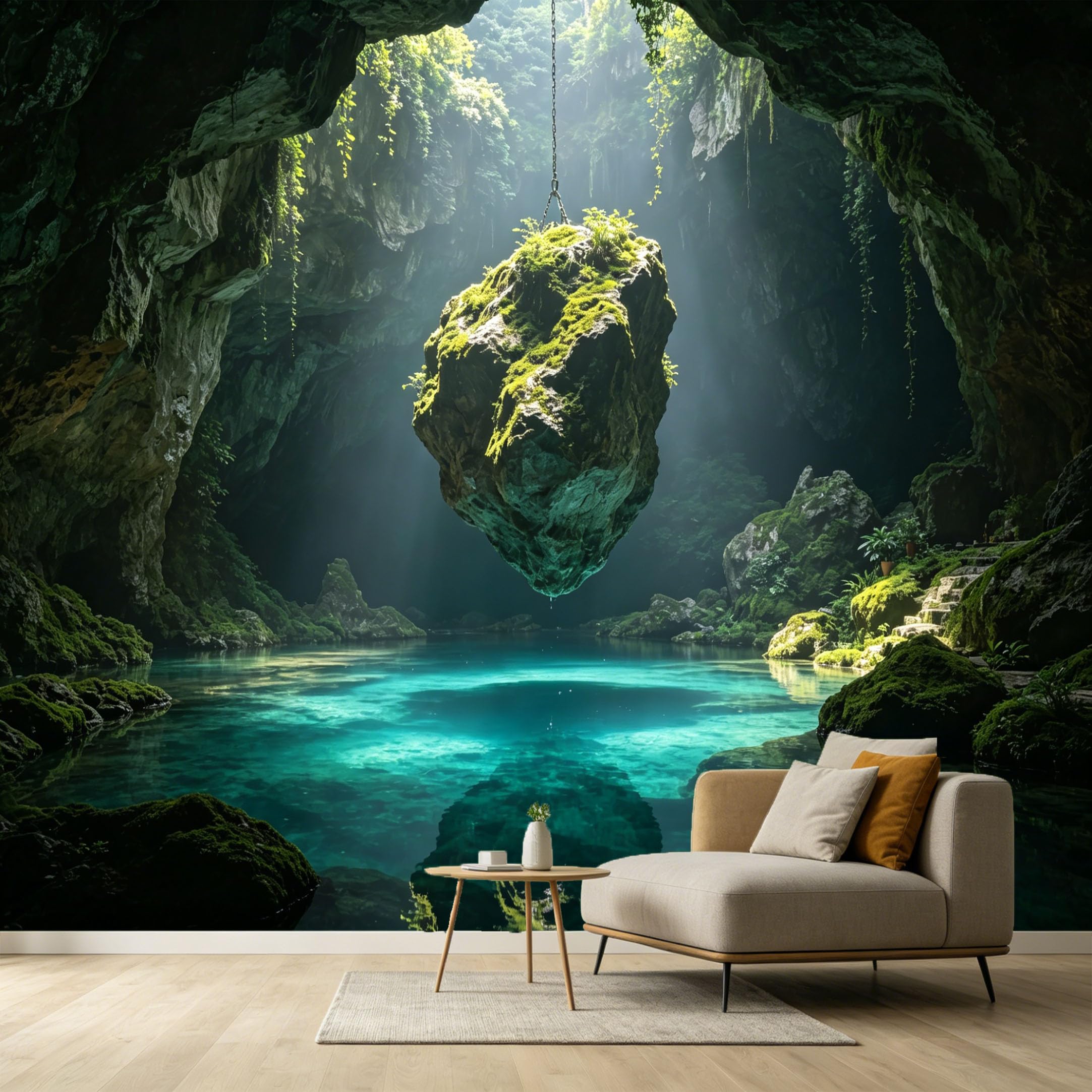 Custom Size Wall Murals Floating Rock Cave Mountain Lake Landscape 3D Trompe L'Oeil SelfAdhesive Wall Fabric Removable Large Wallpaper Photo for Living Room