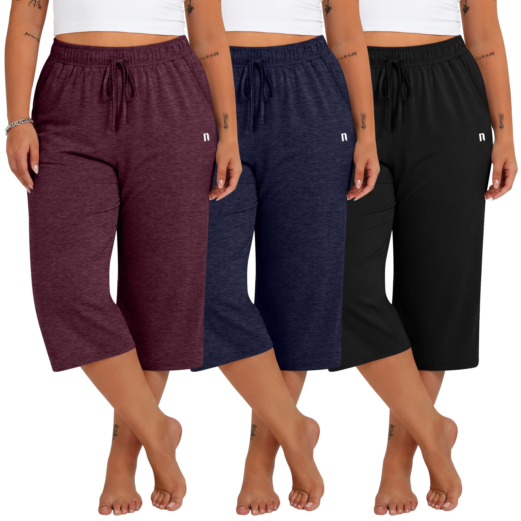 Neer 3er-Pack Damen-Caprihosen in Übergröße, Weite, lockere Hosen, lässige Capri-Jogginghosen mit Kordelzug und Taschen