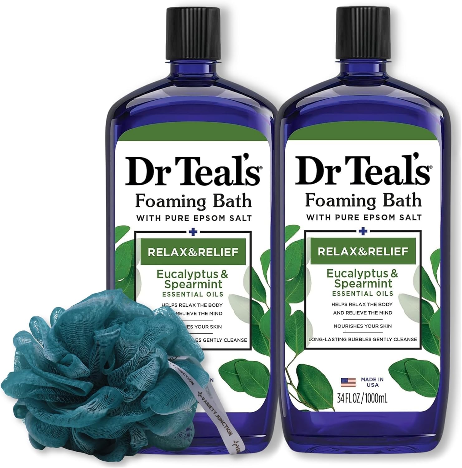 Dr. Teal’s Eucalyptus and Spearmint Foaming Bath 34oz Bottles (Pack of 2) with Variety Junction Premium Bath Sponge – Relax and Relief, Bubble Bath, Relaxing, Men’s and Women’s, Clear