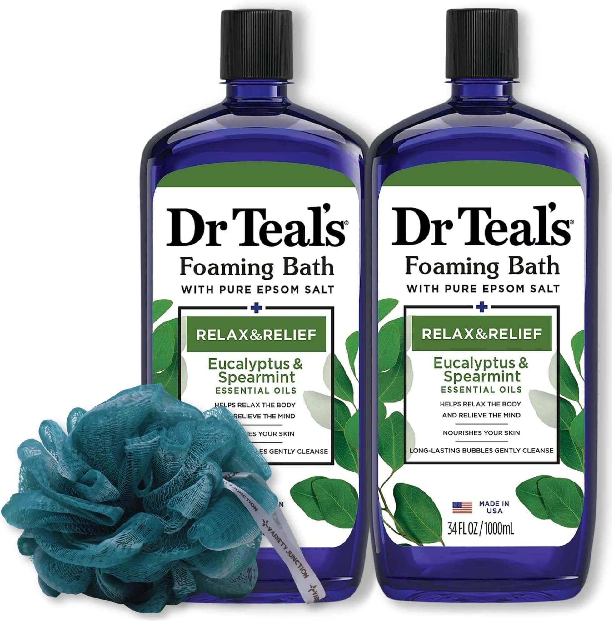 Dr. Teal's Eucalyptus and Spearmint Foaming Bath 34oz Bottles (Pack of 2) with Variety Junction Premium Bath Sponge - Relax and Relief, Bubble Bath, Relaxing, Men's and Women's, Clear