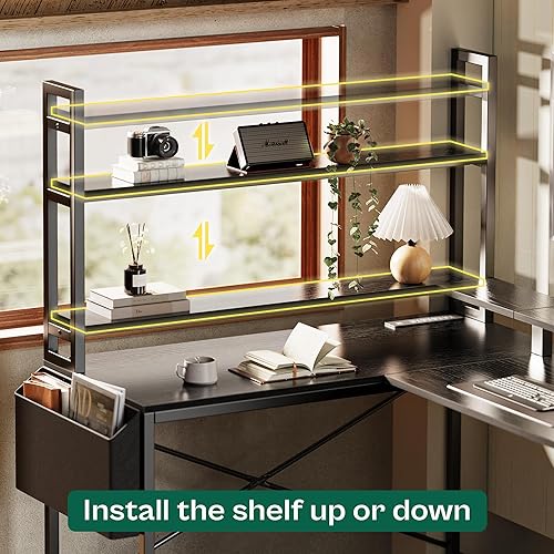 Miniatura 8 de Huuger Escritorio en forma de L para juegos con luces LED y tomas de corriente, escritorio de computadora con estantes de almacenamiento, escritorio