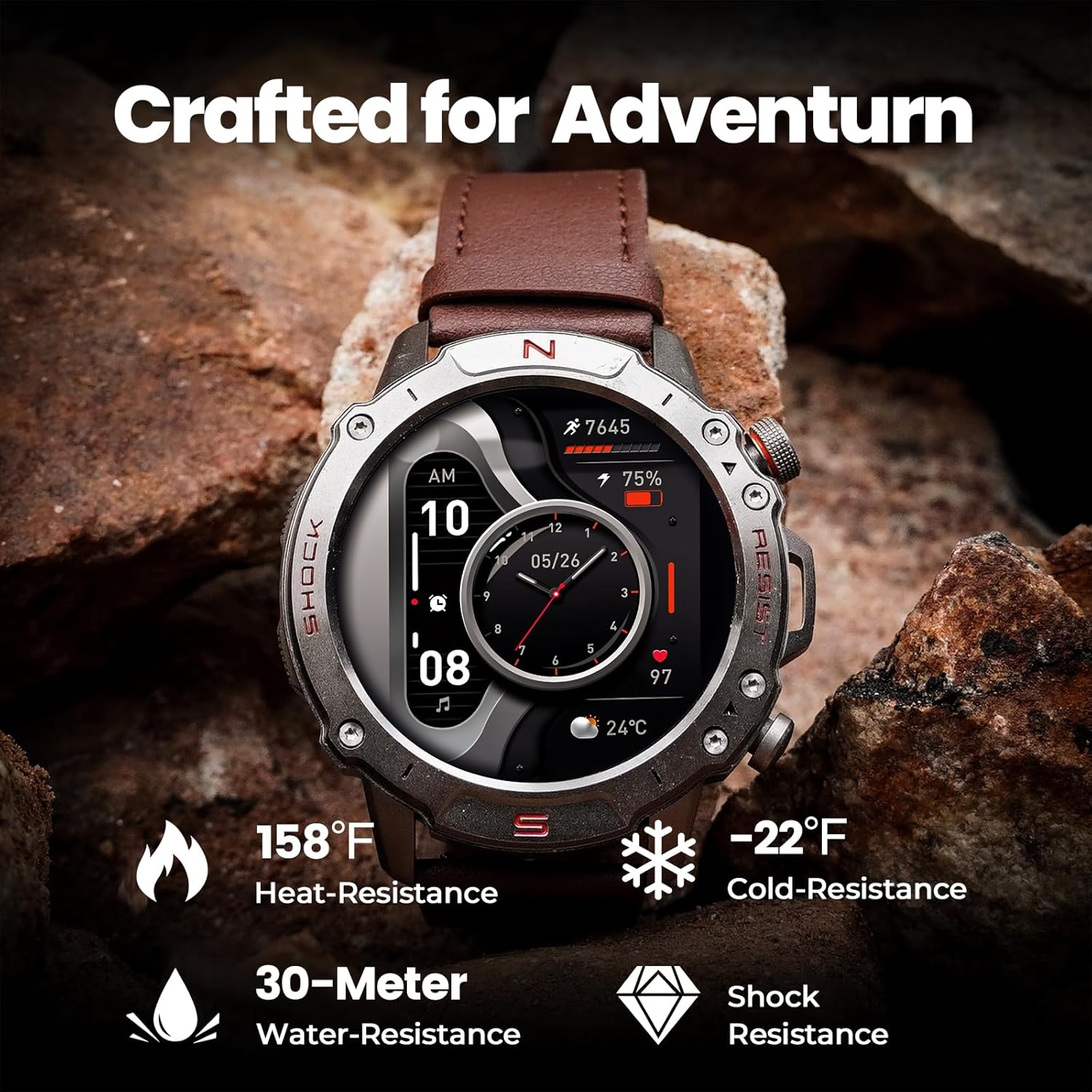 WalkerFit Military Smart Watch for Men (170+ Sports Modes), 1.43" AMOLED Rugged Watch with Bluetooth Call, 3ATM Waterproof Fitness Tracker Watch, Long Battery, for iPhone Android, Leather