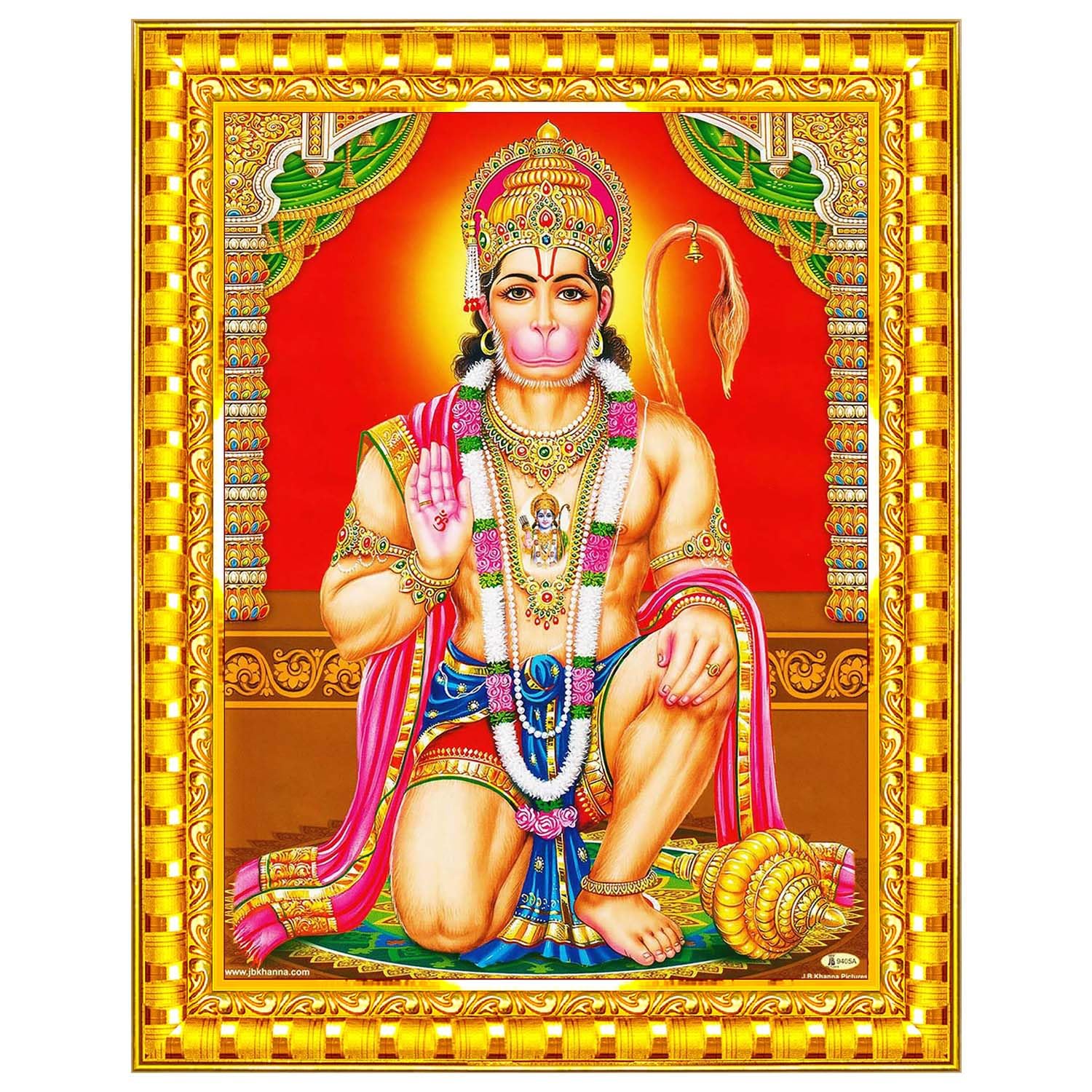 Lord Hanuman Ji Hanumanji Jai Bajrangbali Wall Painting Framed Home Decor (Wood,Matte,Gold,Small Size,6 x 8 Inch) R756S