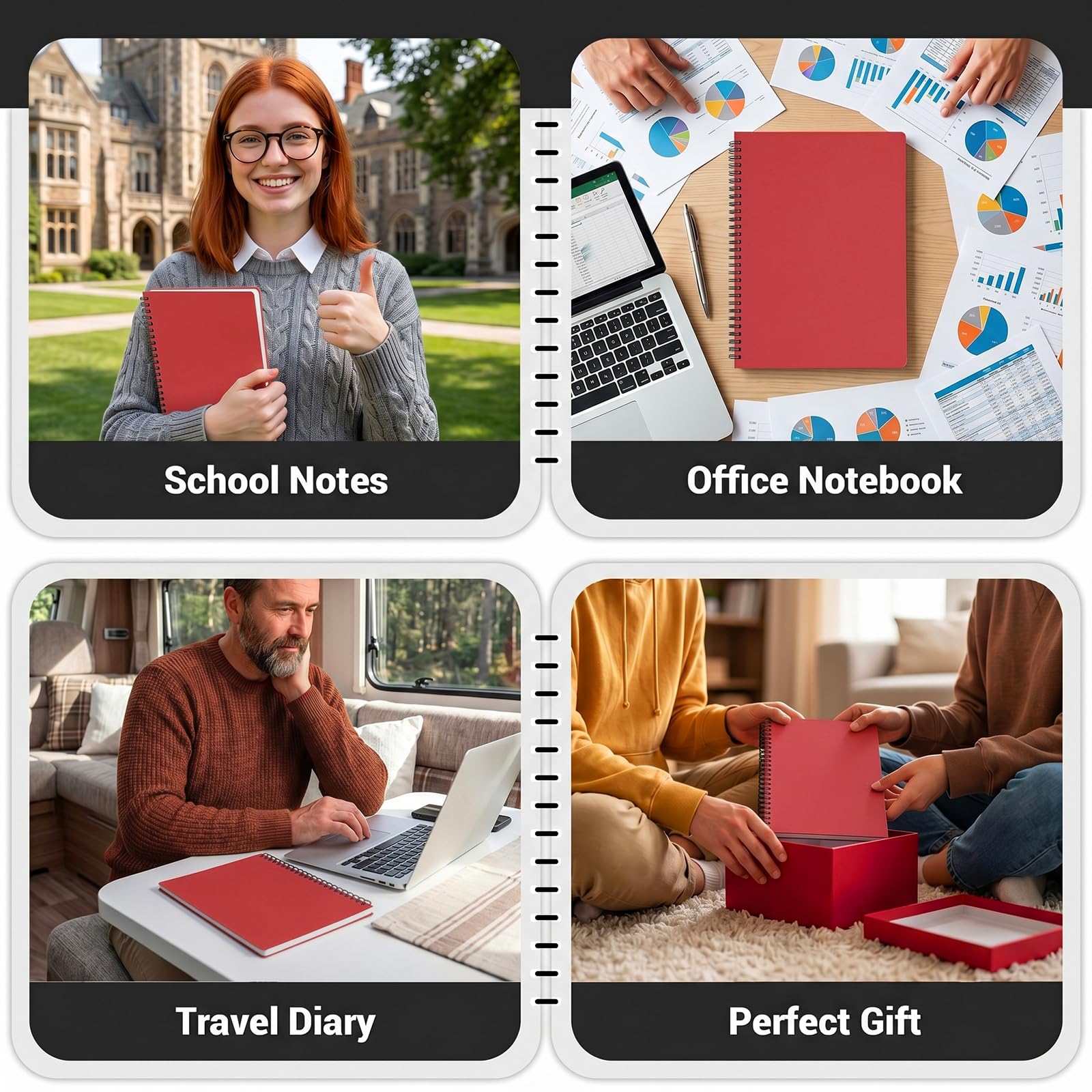 EUSOAR Quaderni per lavoro, 6 confezioni da 18,5 x 25,9 cm, B5, a righe, rosso, a righe, 120 pagine/60 fogli, piccoli quaderni a spirale per affari, diario, blocco note per lavoro, scuola